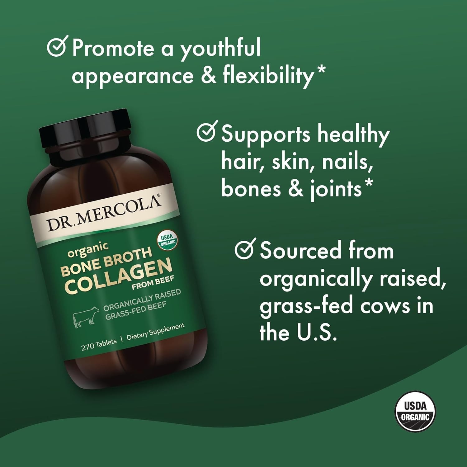 Dr Mercola Organic Bone beef Broth Collagen 90 Tabs, Supports bone and joint