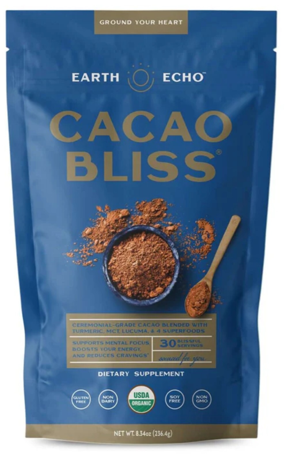 Earth Echo Raw Cacao Bliss Superfood Powder Organic Non GMO Health 30 Serv Choco