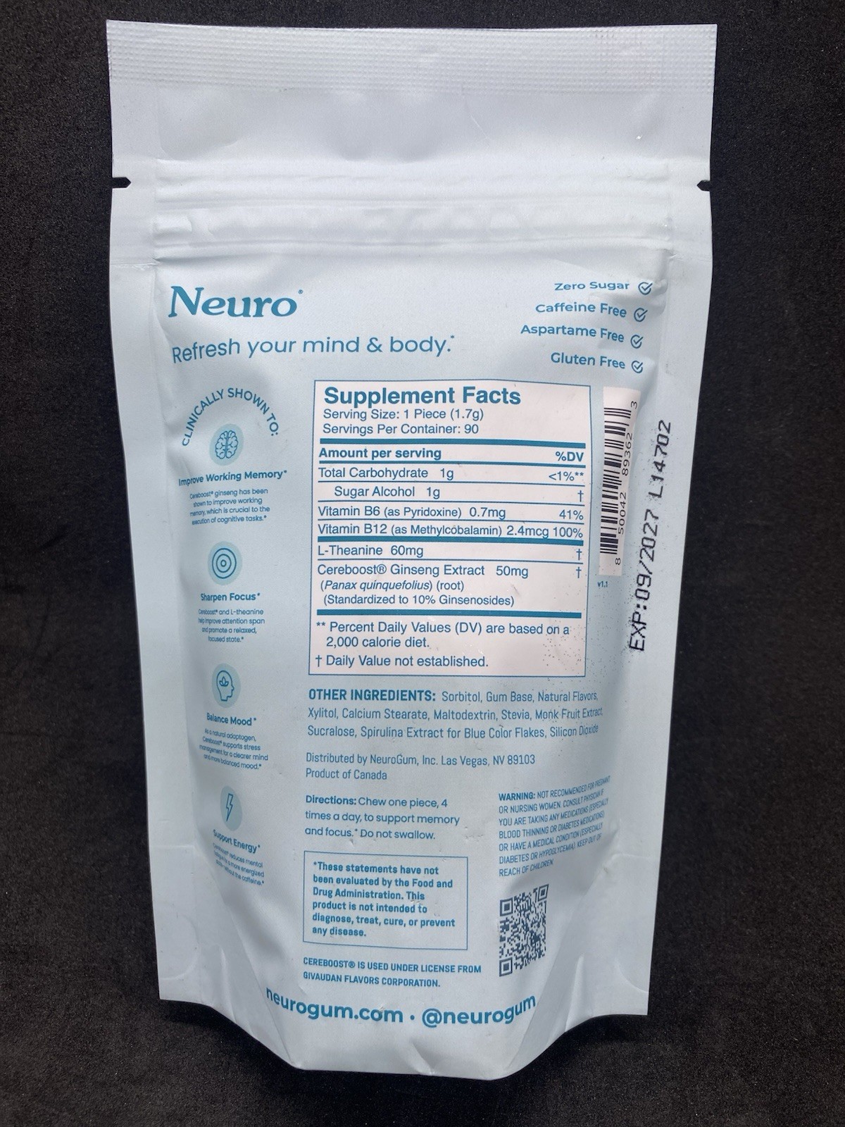 Neuro Energy & Focus Gum + Memory & Focus Gum Peppermint 90 Ct Exp 2027