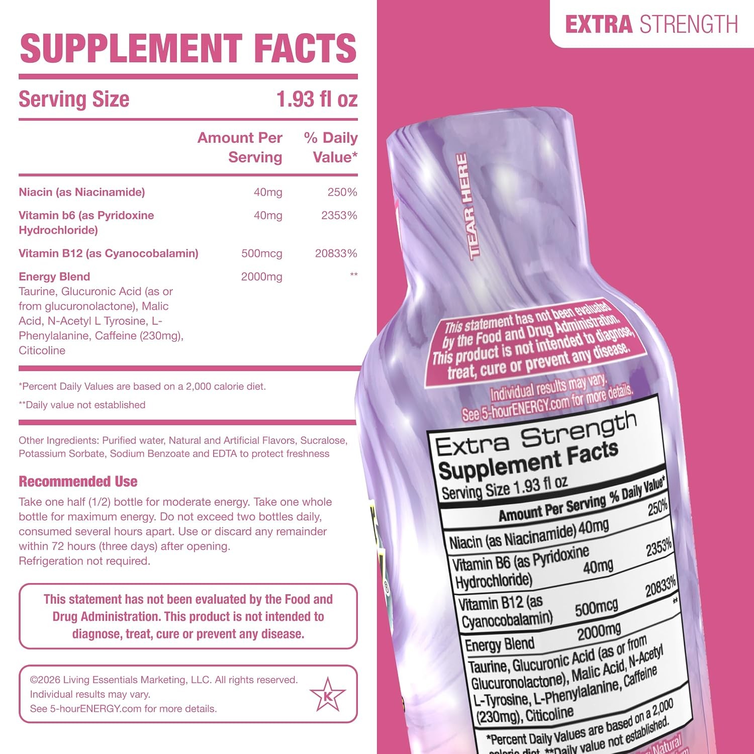 Cotton Candy Flavor 5 Hour Energy Shot Extra Strength 6 Count 1.93 Fl Oz