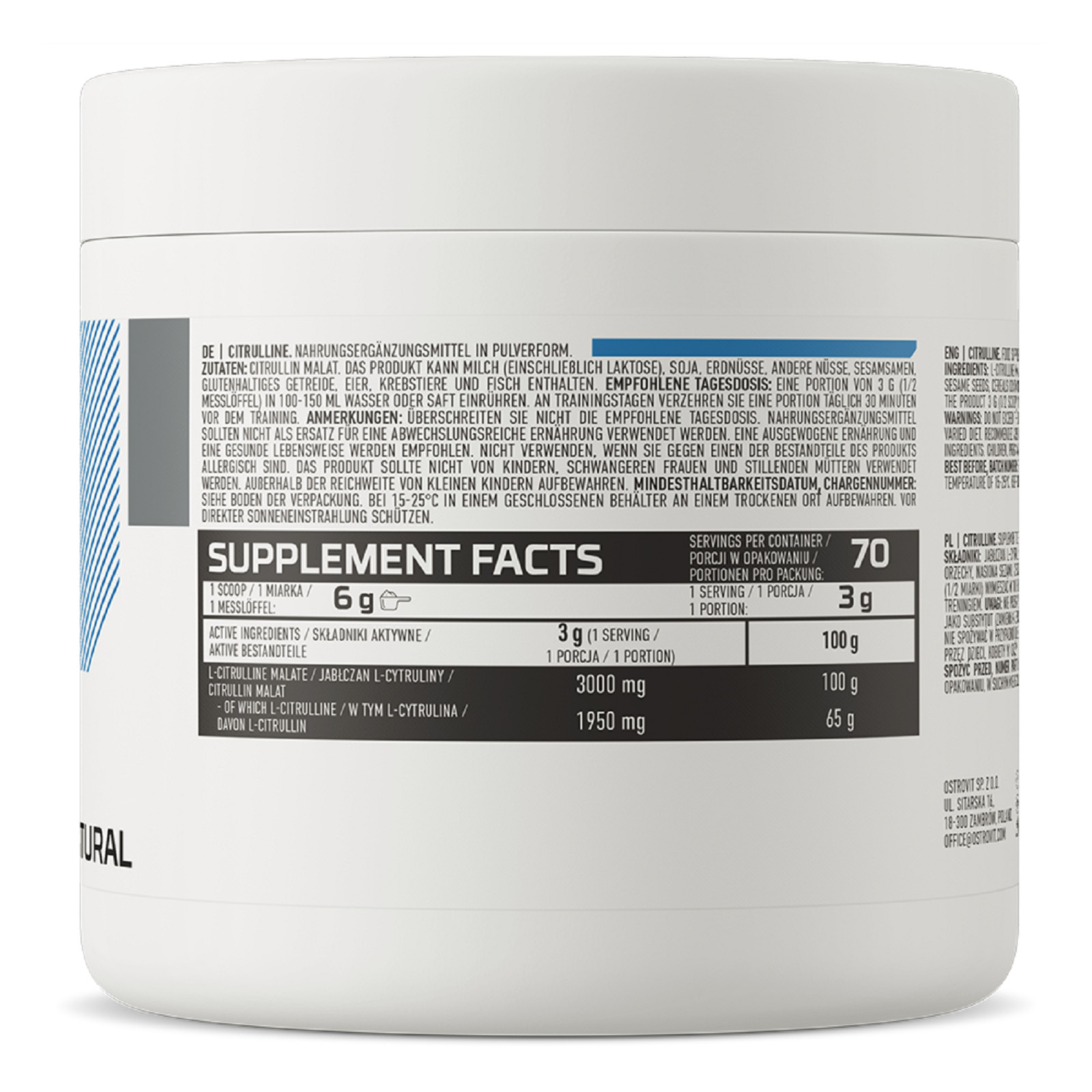 OstroVit Supreme Pure Citrulline 210g – 70 Servings – Nitric Oxide Muscle Pump