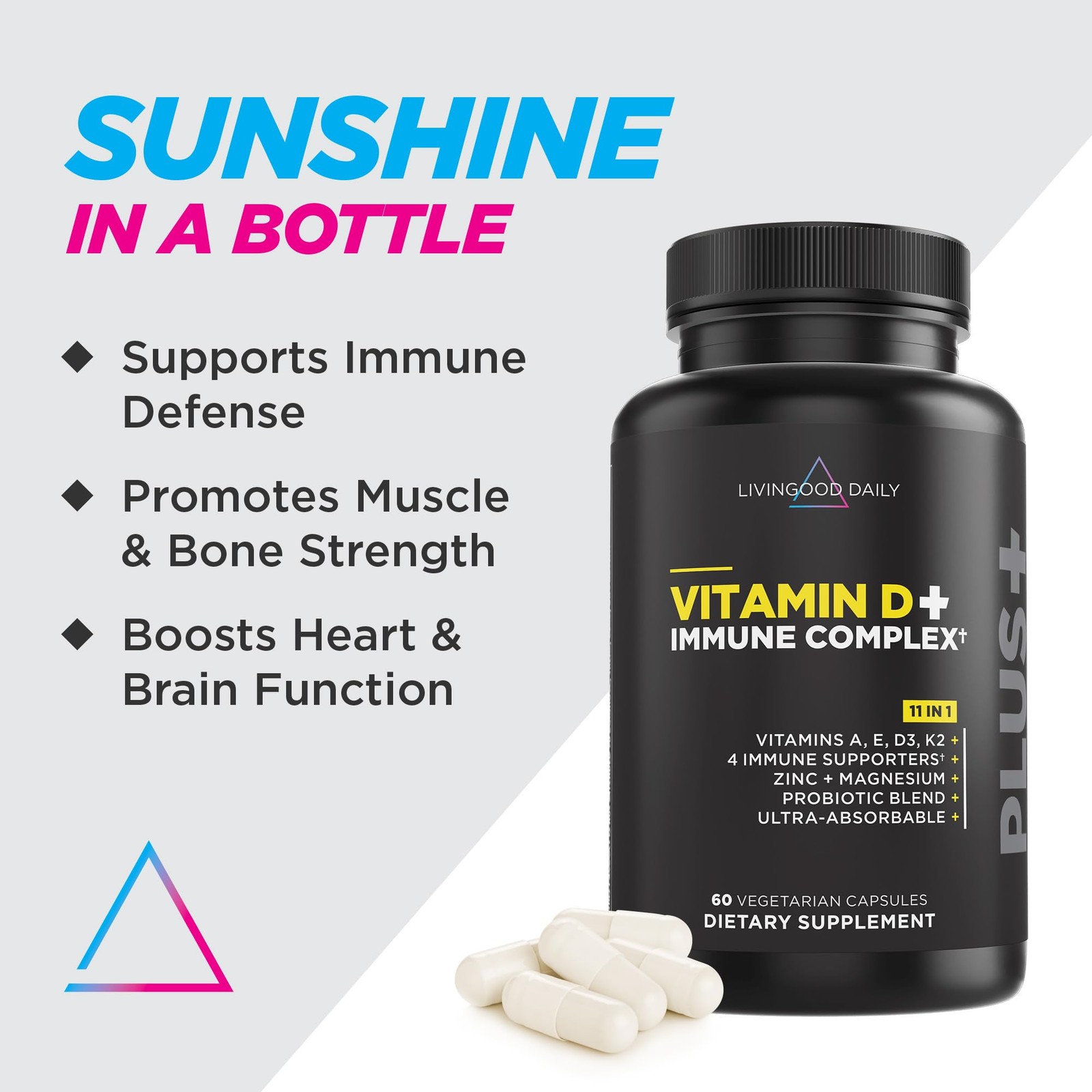 Livingood Daily Vitamin D + Immune Complex, Made with Vitamin D3 K2, Zinc, Ma…