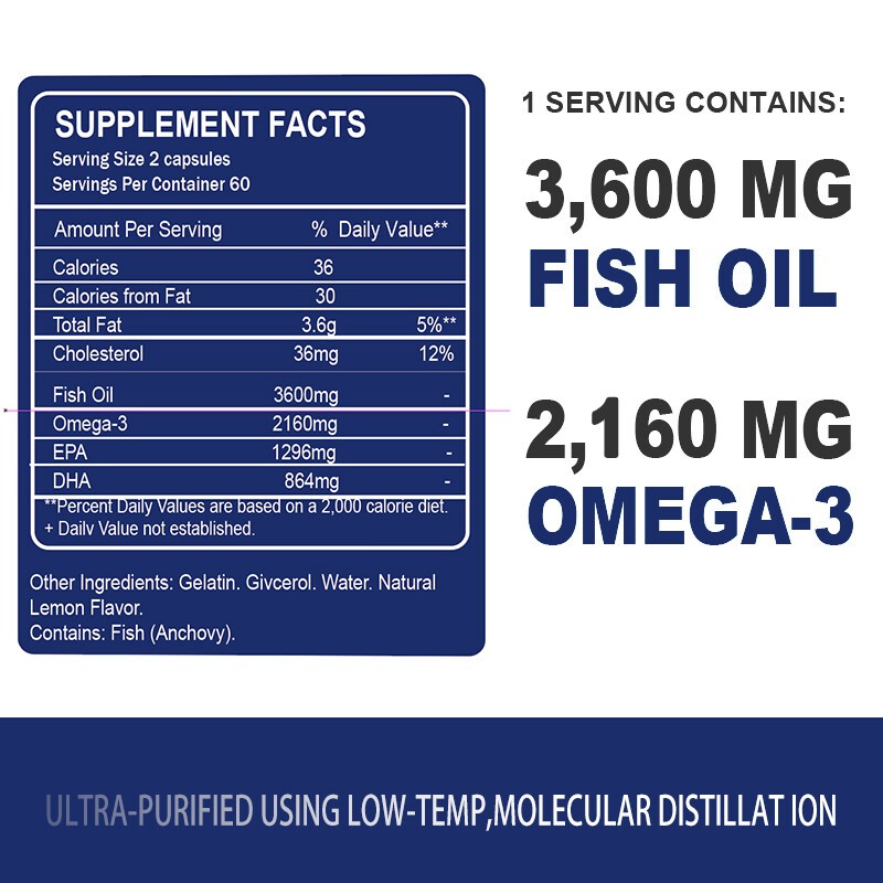3x Strength EPA & DHA Omega 3 Fish Oil 3600mg, Highest Potency, 4 × 120 Softgels