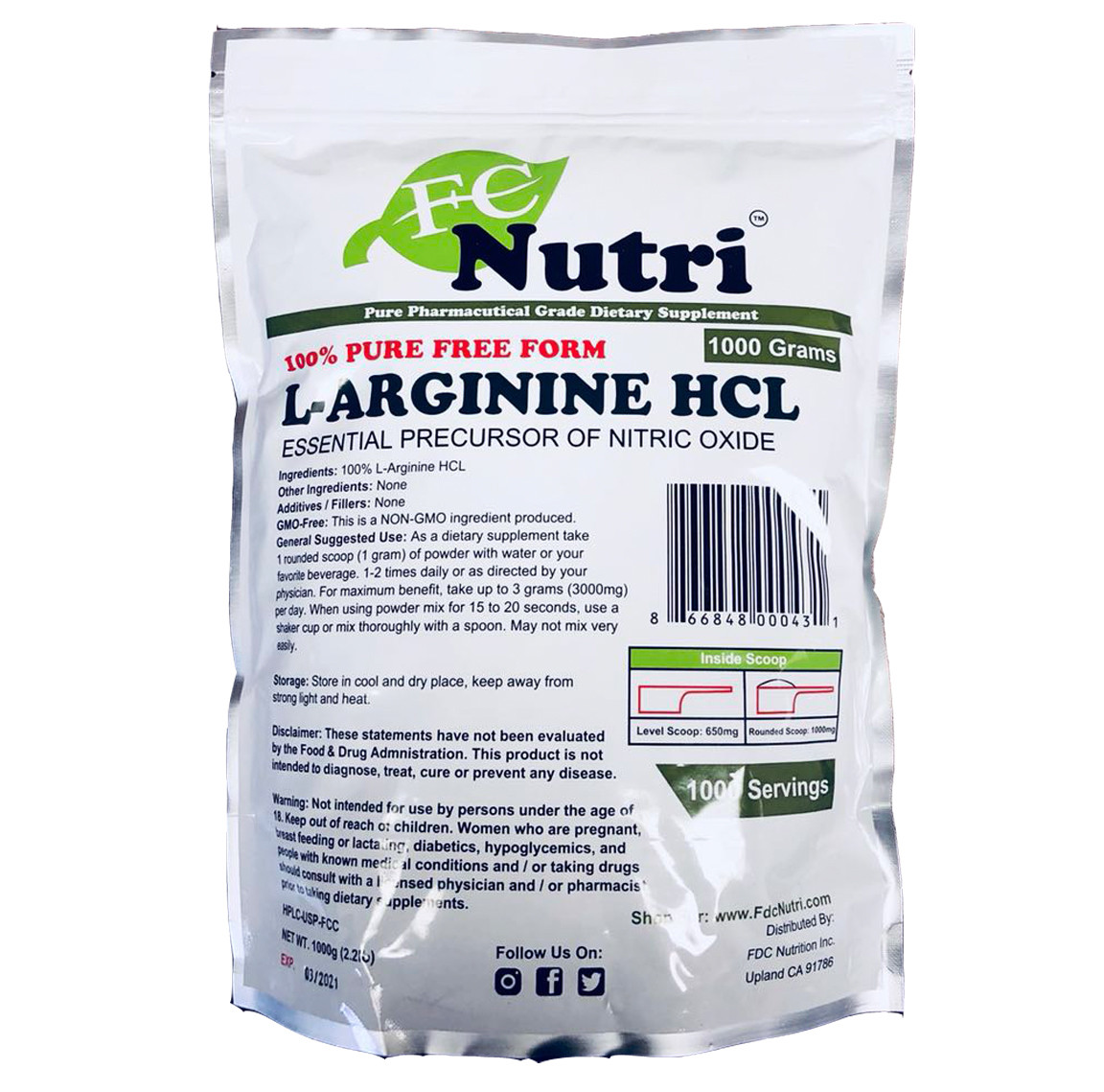 L-Arginine HCL Powder 100%pure 2.2 Lb (1000 grams) By FDC NUTRITION 5 PACKS