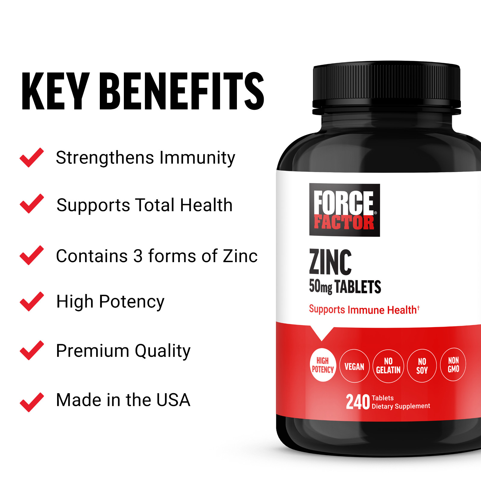 Force Factor Zinc 50mg for Immune Support-Vegan, Gelatin Free, Non-GMO, 240ct