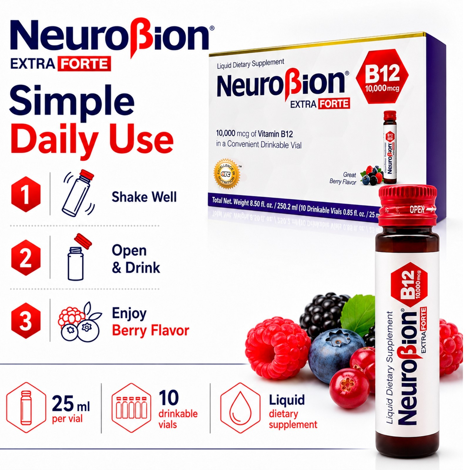 Neurobion Extra Forte B12 10,000 mcg Liquid Dietary Supplement Drinkable 10 Vial