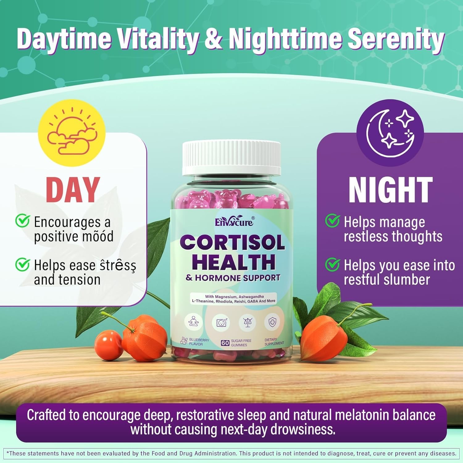 (2 Pack) Cortisol Gummies for Calm, Mood, Focus & Stress – Blueberry Flavor 60ct