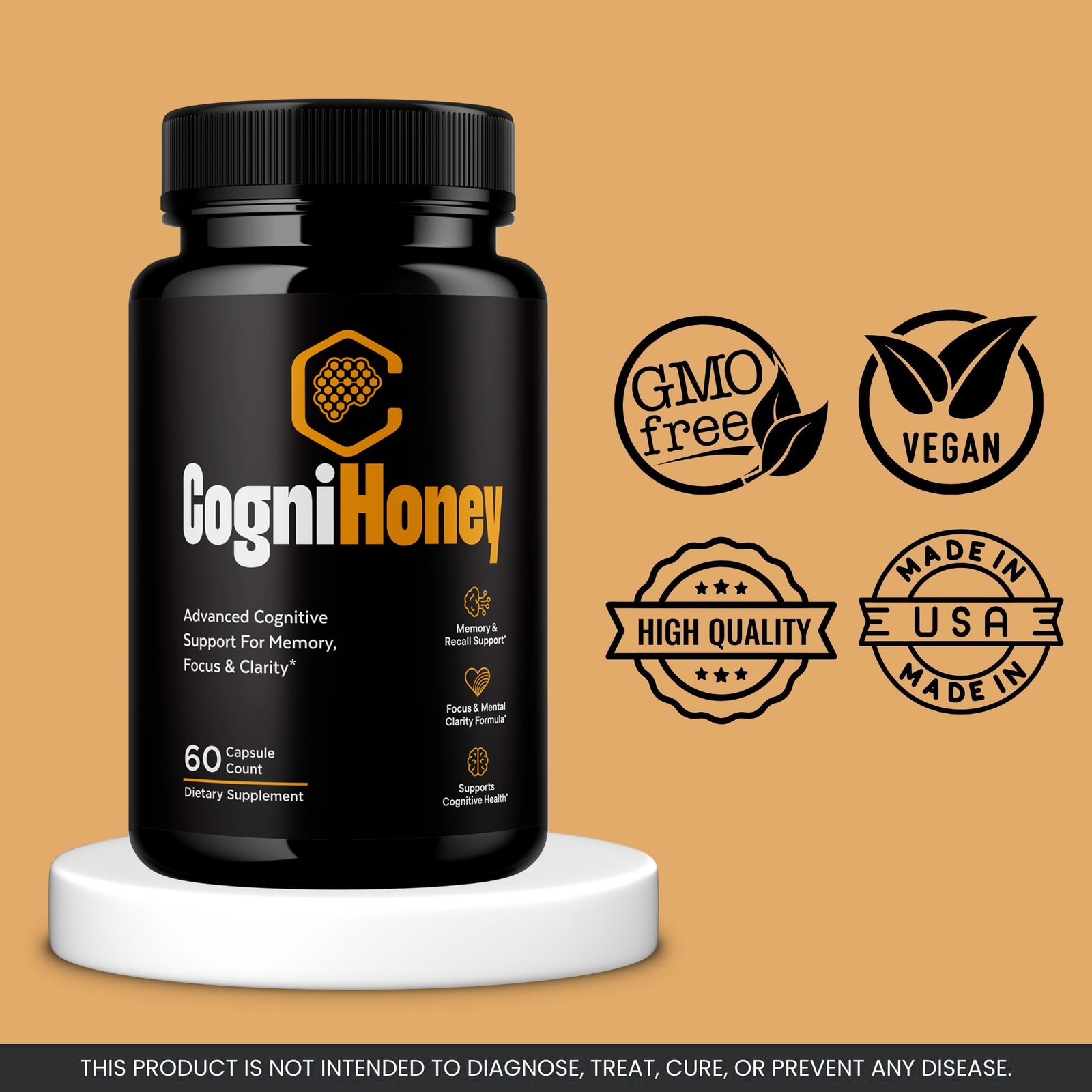 CogniHoney Brain Memory Focus Supplement Nootropic Capsules 1 Pack 60Ct