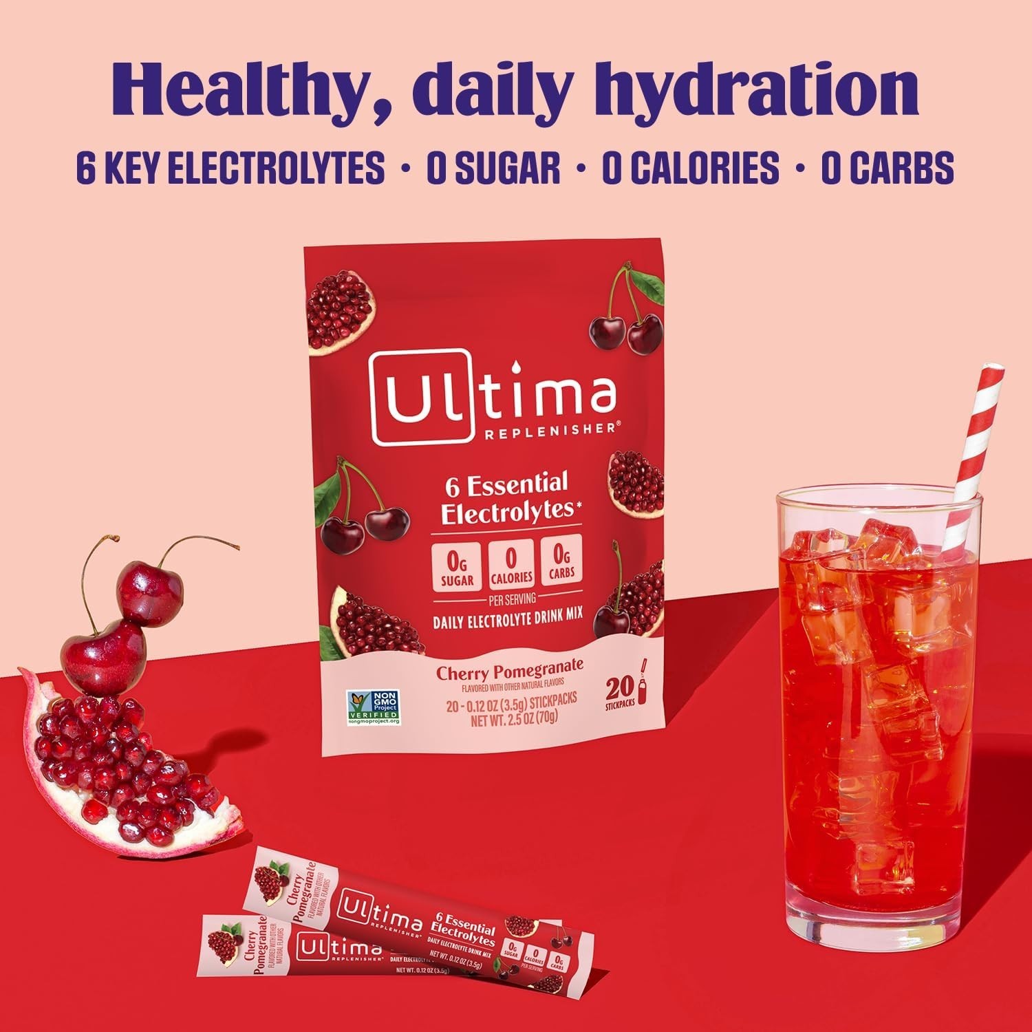 Cherry Pomegranate Electrolyte Powder, 20 Sugar-Free Stickpacks for Hydration