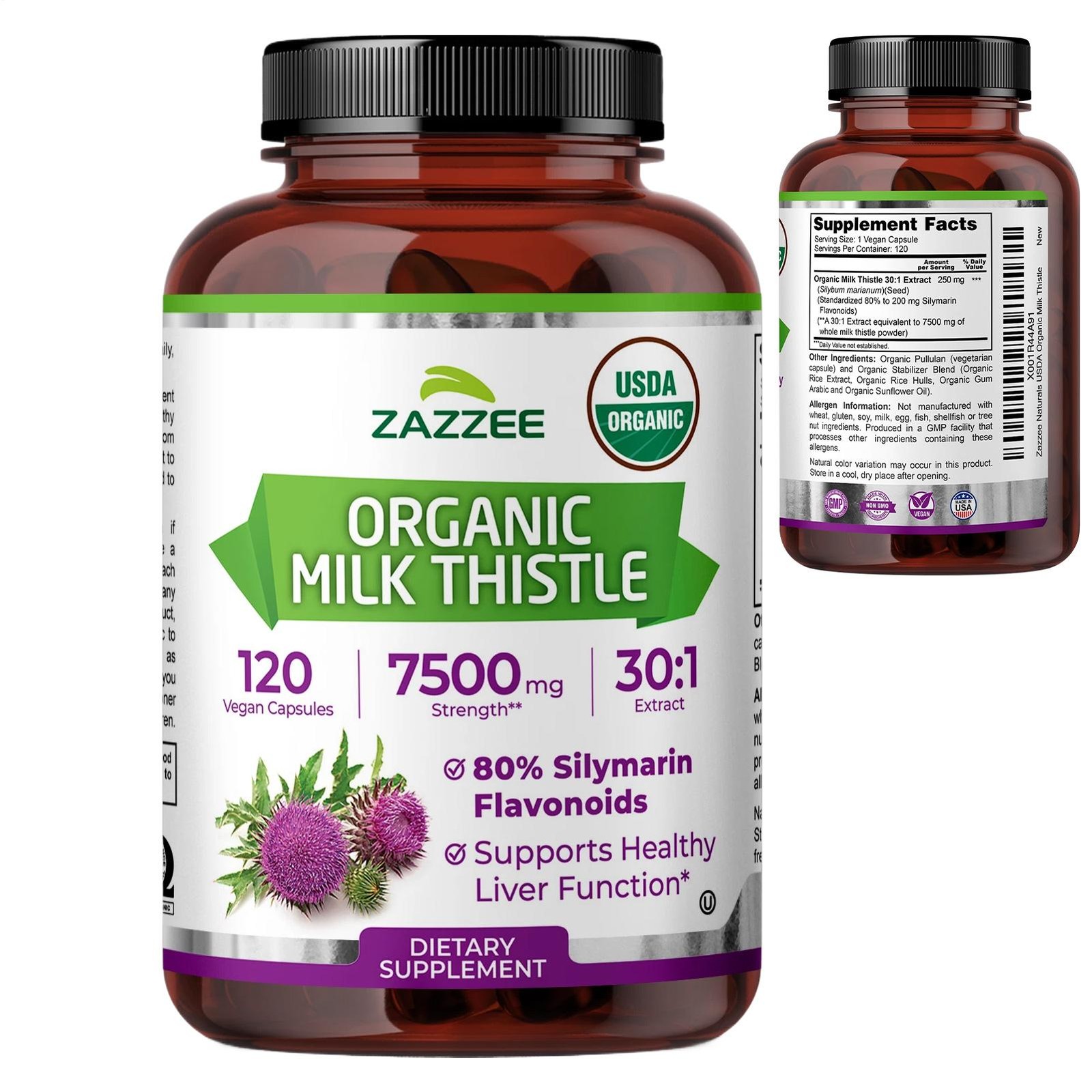 USDA Organic Milk Thistle 7500 mg Strength 120 Vegan Caps 80% Silymarin, Kosher
