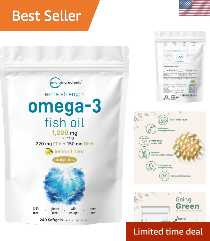 Extra Strength Omega 3 Fish Oil – 240 Softgels, EPA 220mg & DHA 150mg with Lemon
