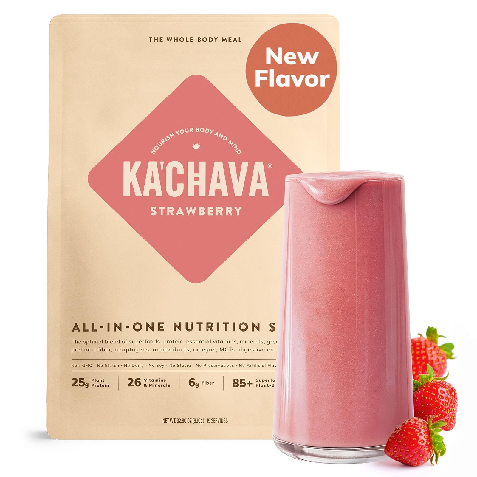 Ka’Chava All-In-One Nutrition Shake Blend, Strawberry, 15 Servings, 85+ Super…