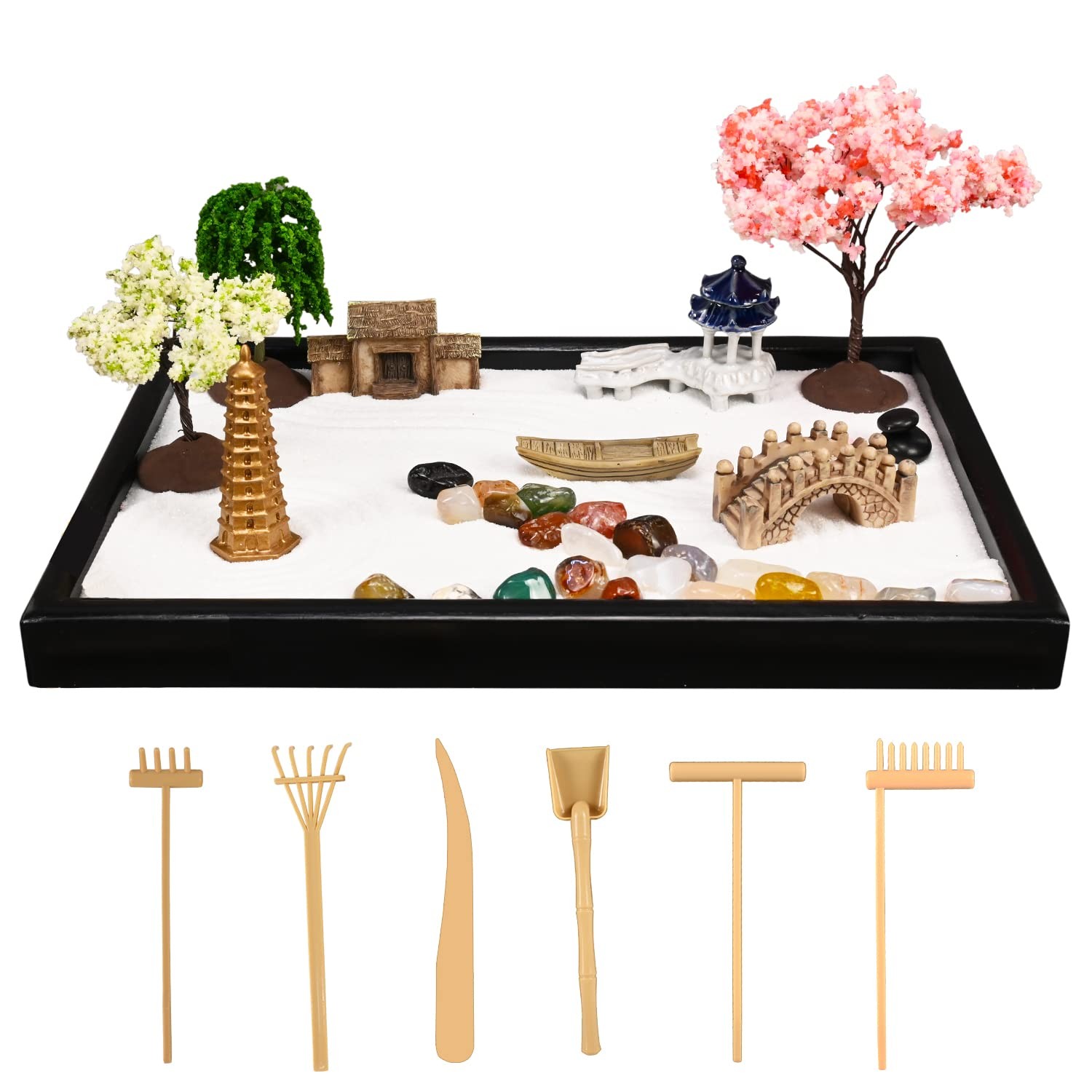 Mini Zen Garden, White Sand, 10″ x 7″ Rectangular Plastic Tray with Meditatio…