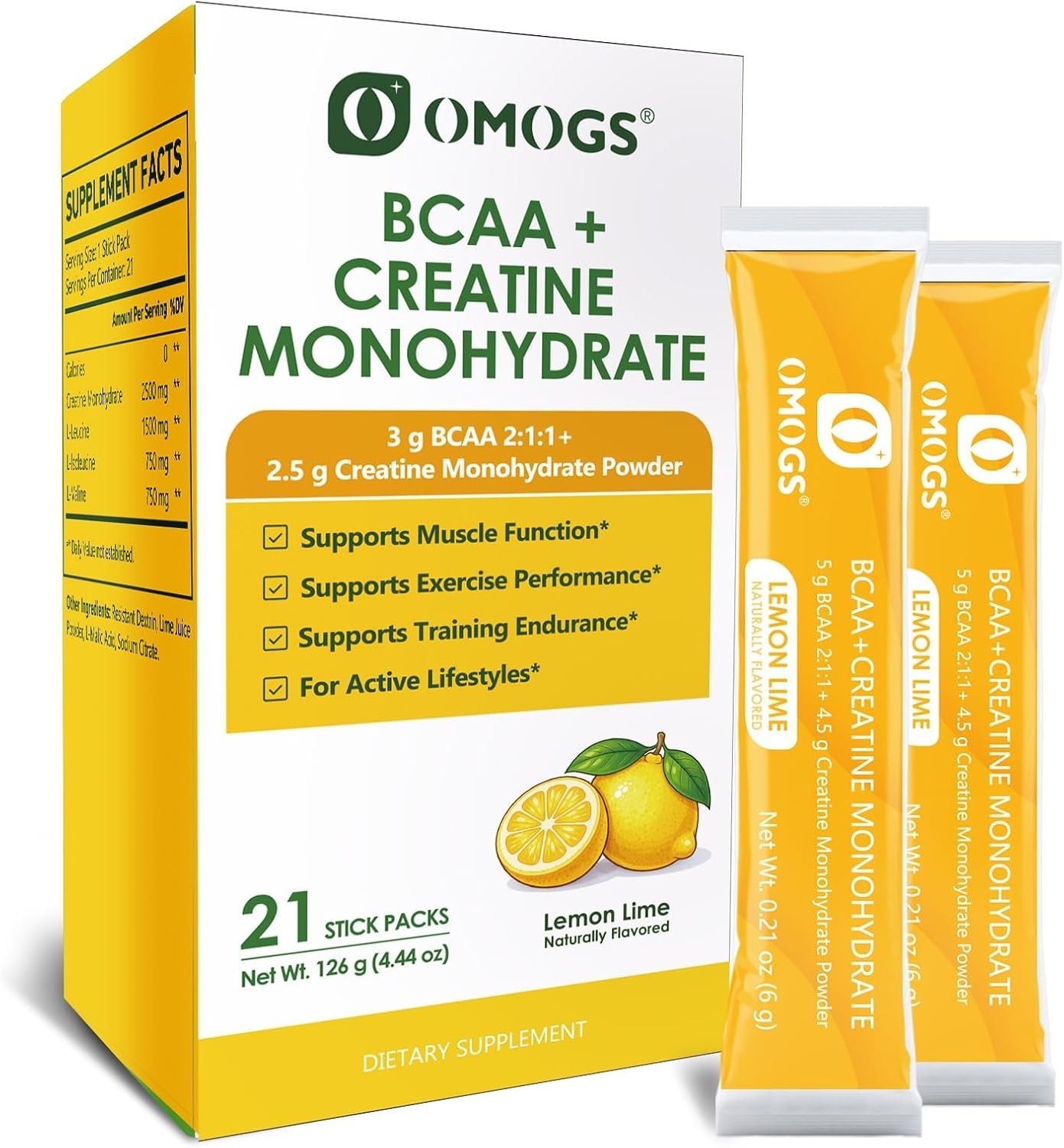 Natural Lemon Flavored Creatine Monohydrate + BCAA, 3.2 oz for Energy & Recovery