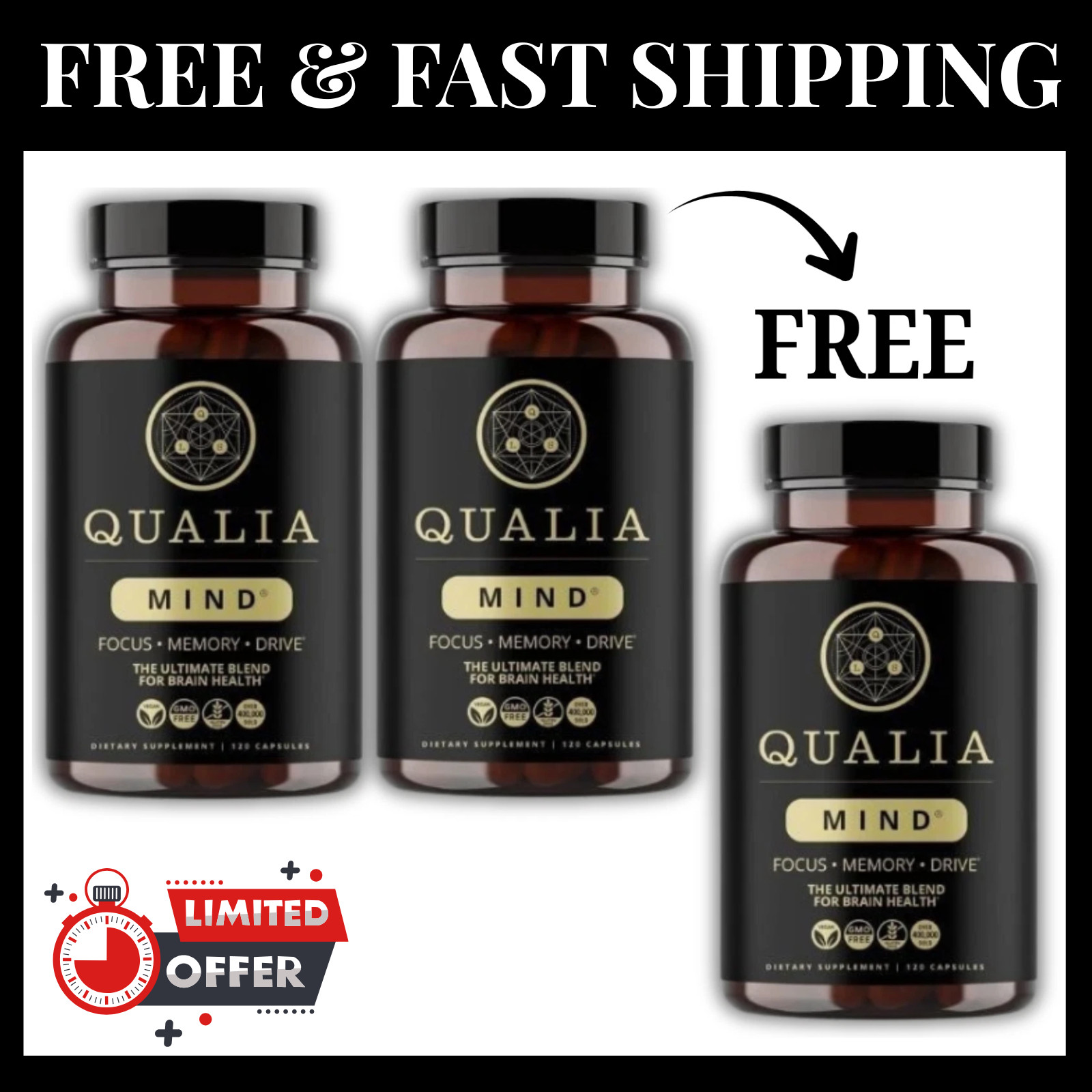 Qualia Mind Brain 2.0 Supplement Nootropics – 120 Capsules – New-3 pack