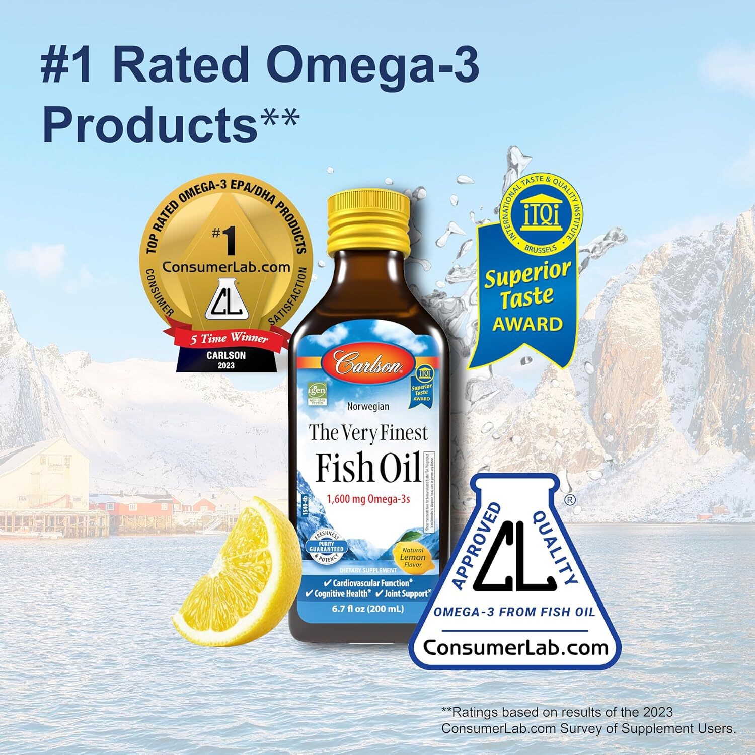 Carlson – The Very Finest Fish Oil, 1600 mg Omega-3s, Lemon, 200ml, 6.7 Fl Oz
