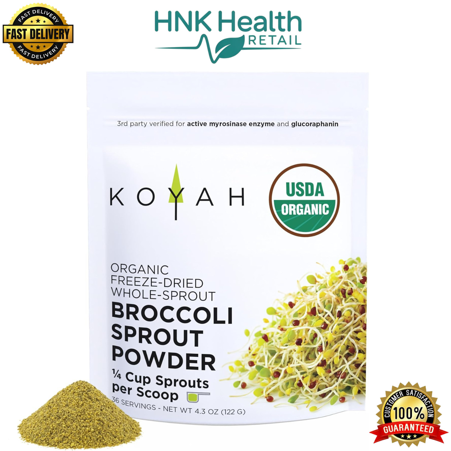 KOYAH Organic Broccoli Sprout Powder Freeze-Dried Sulforaphane 36 Servings