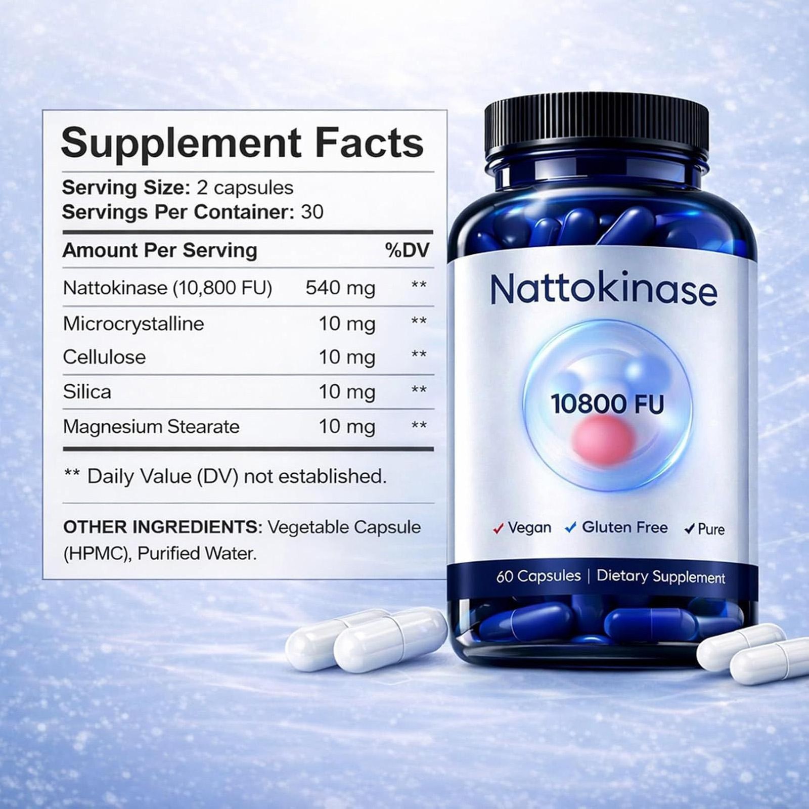 Nattokinase 10800 FU pure Vegan Dietary Supplement 60 Capsules
