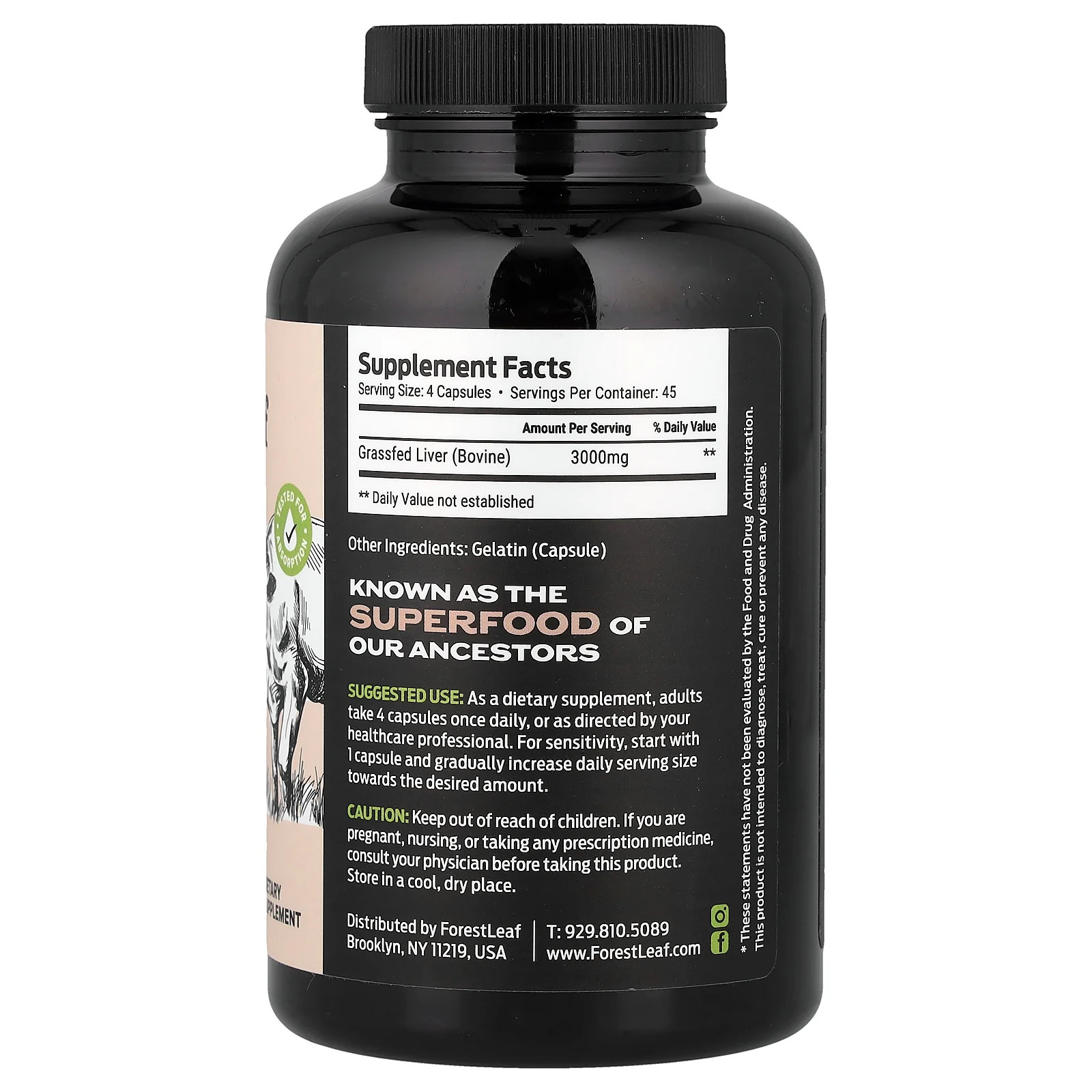 2 X Forest Leaf, Grass Fed Beef Liver, 180 Capsules (750 mg per Capsule)