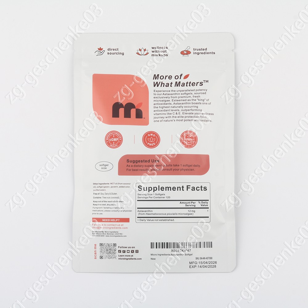 Micro Ingredients Astaxanthin 12mg with MCT Oil, 120 Softgels