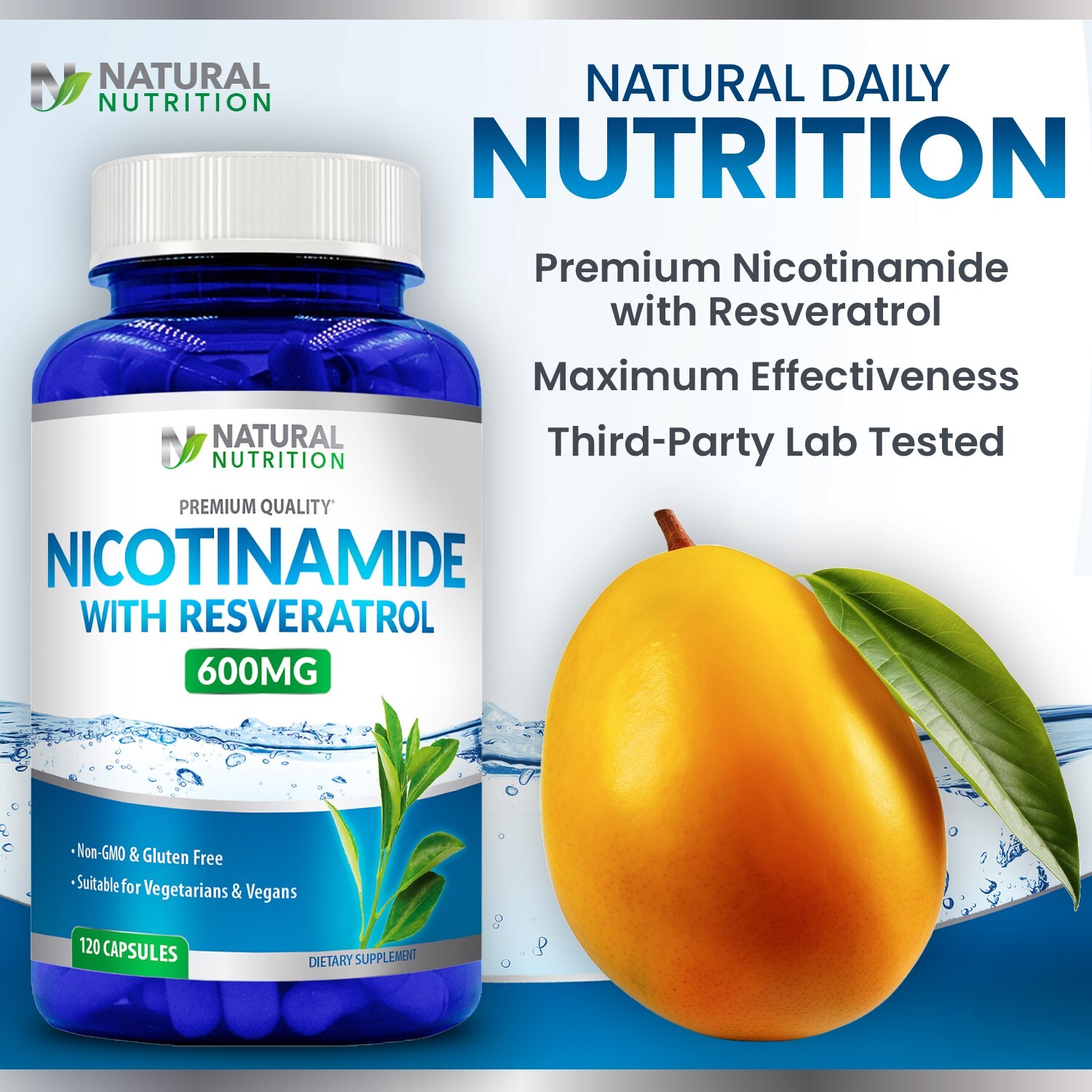 Nicotinamide 600mg with Resveratrol Vitamin B3 – 120 Veggie Capsules Non-GMO