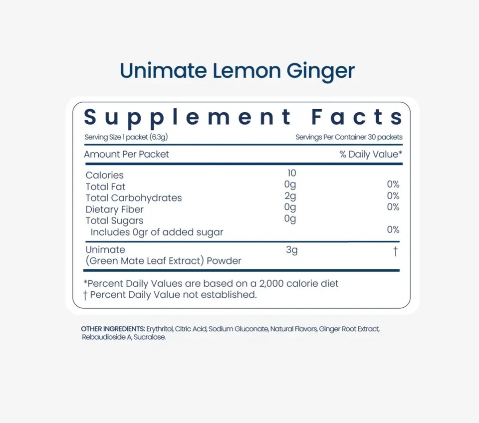 Unicity Unimate Lemon Ginger Yerba Mate Drink Mix 30 Stick Packs New Sealed