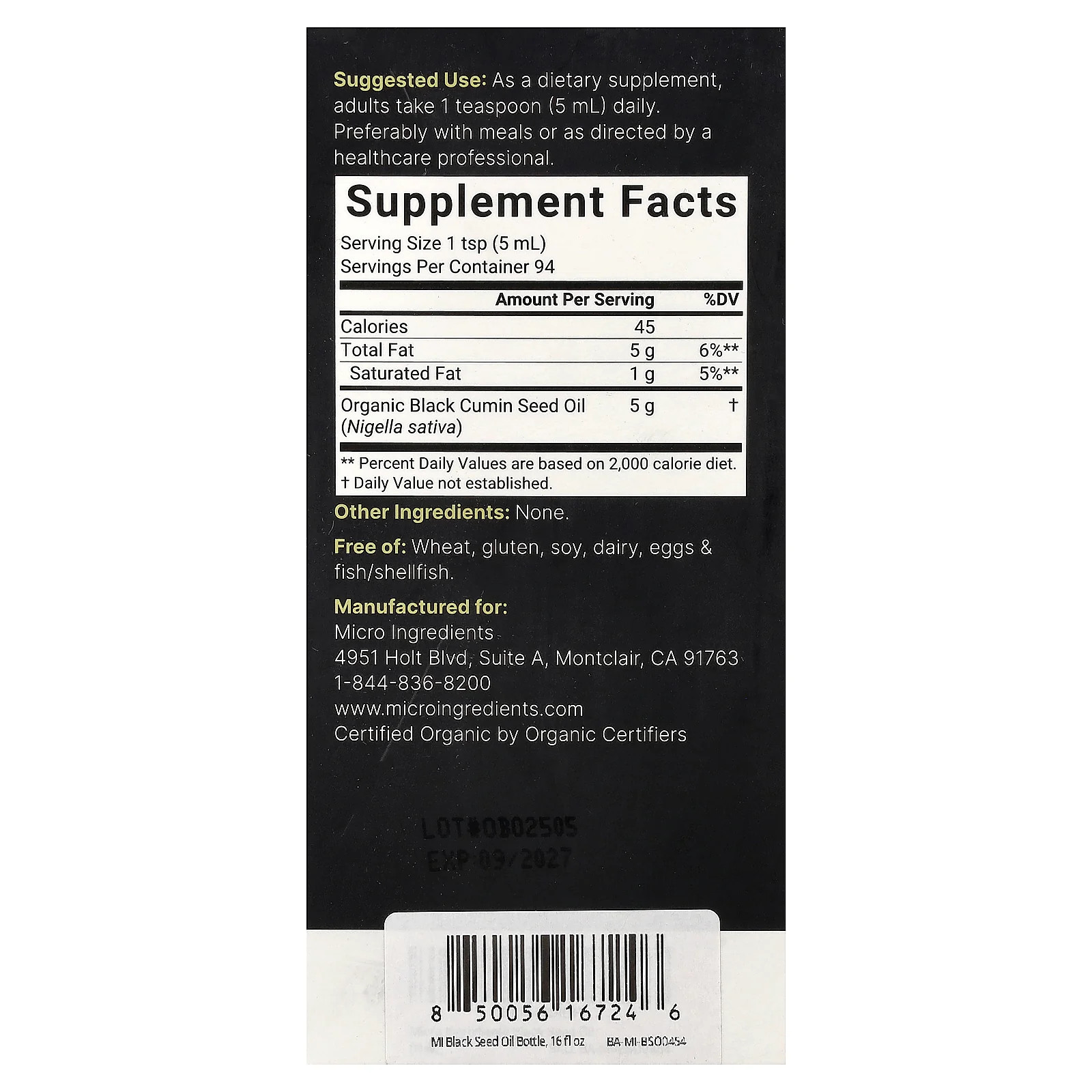 2 X Micro Ingredients, Organic Black Seed Oil, 16 fl oz (473 ml)