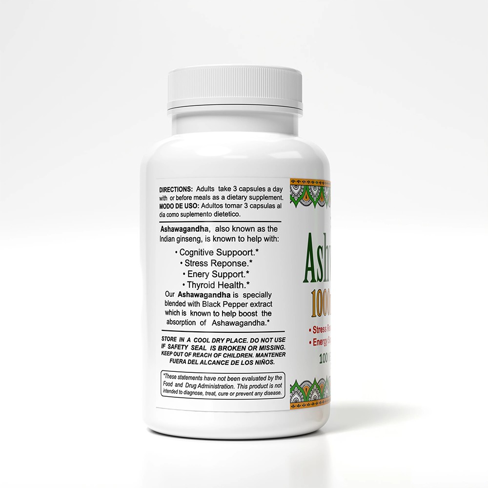 Sunshine Naturals Ashwagandha & Black Pepper Dietary Supplement. 1000mg. 100Caps