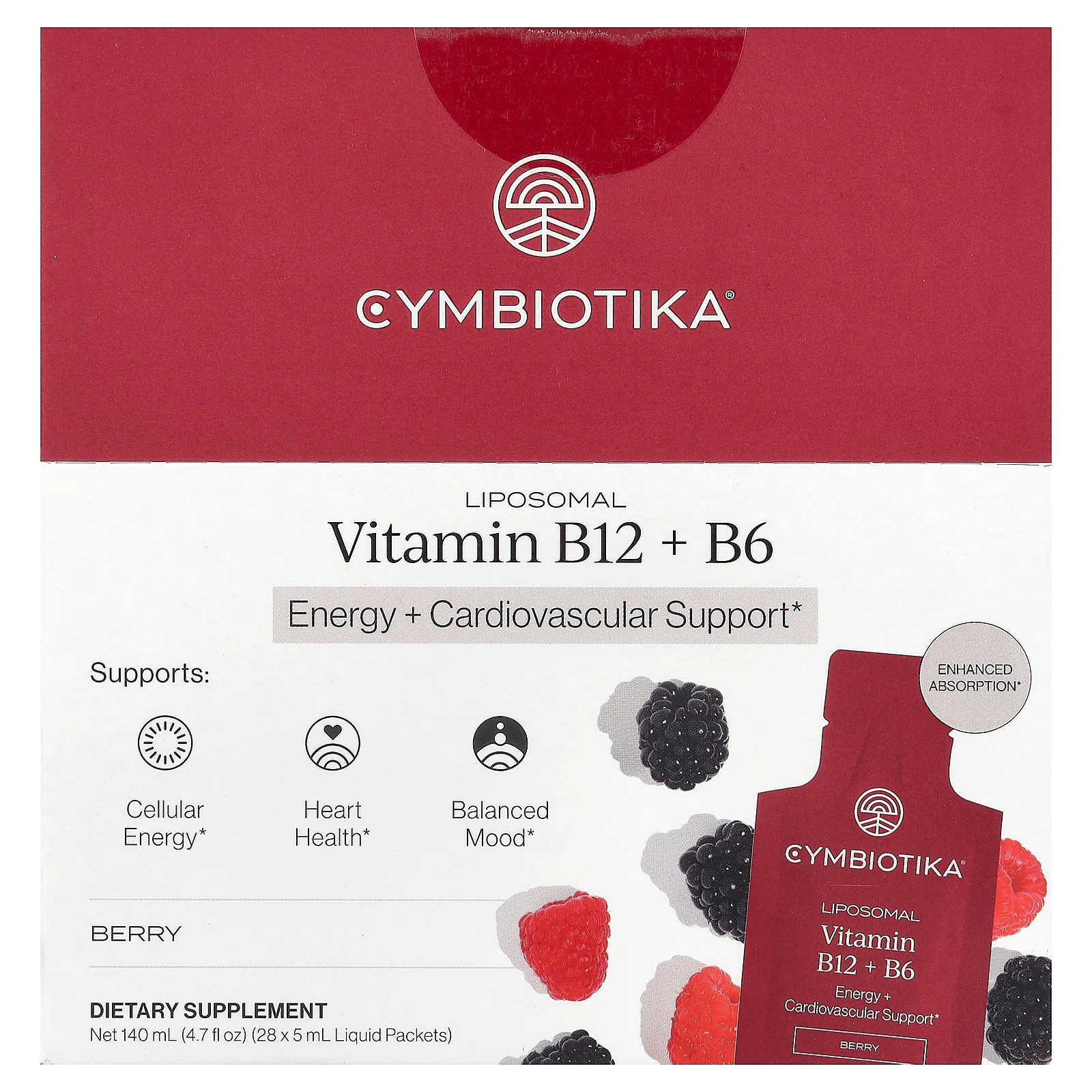 2 X Cymbiotika, Liposomal Vitamin B12 + B6, Berry, 28 Liquid Packets, 0.17 fl o