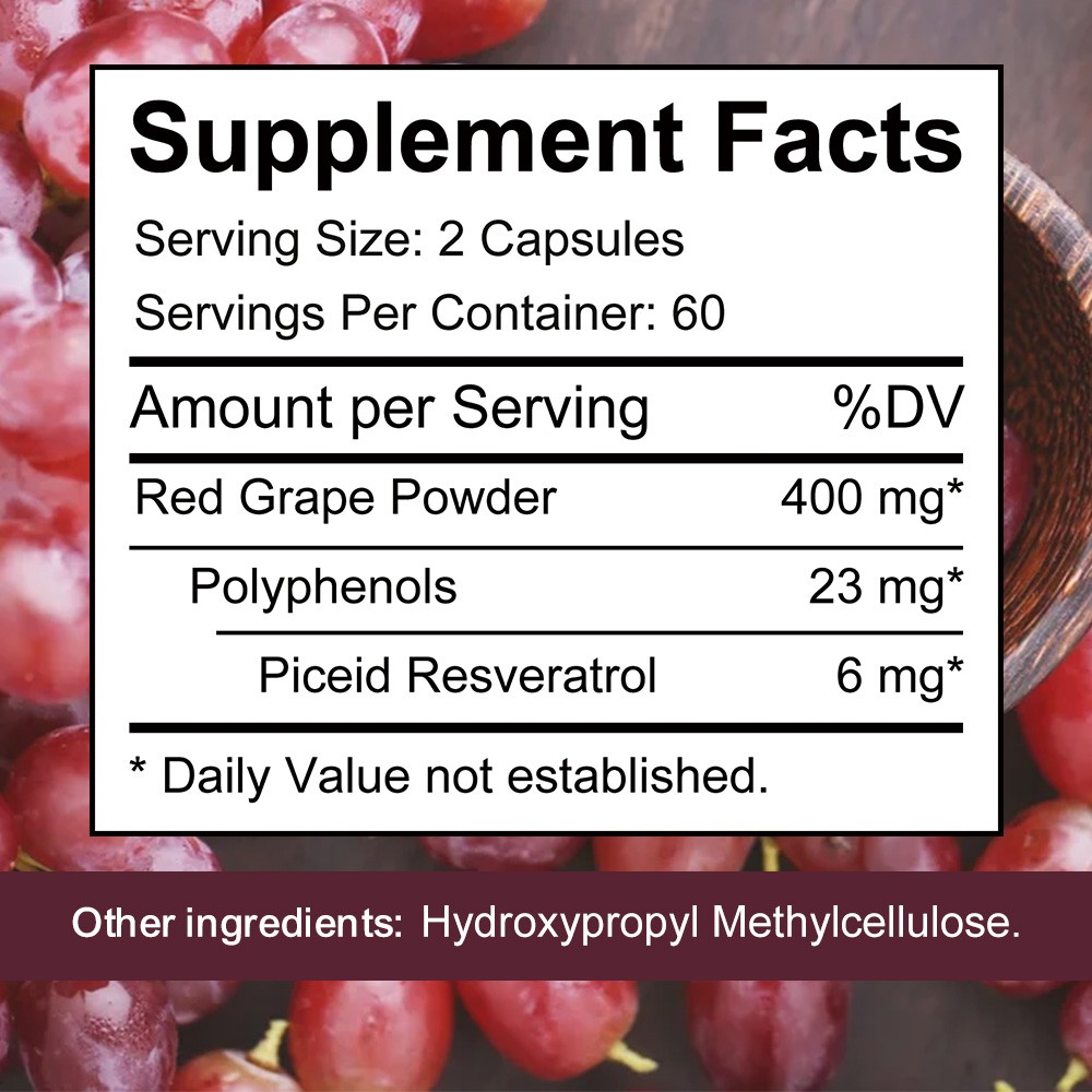 Red Grape Powder with Resveratrol 120 Veggie Capsules Supplement