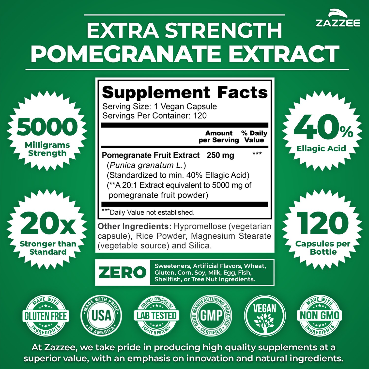 Extra Strength Pomegranate 20:1 Extract 40% Ellagic Acid, 500 mg, 120 Vegan Caps