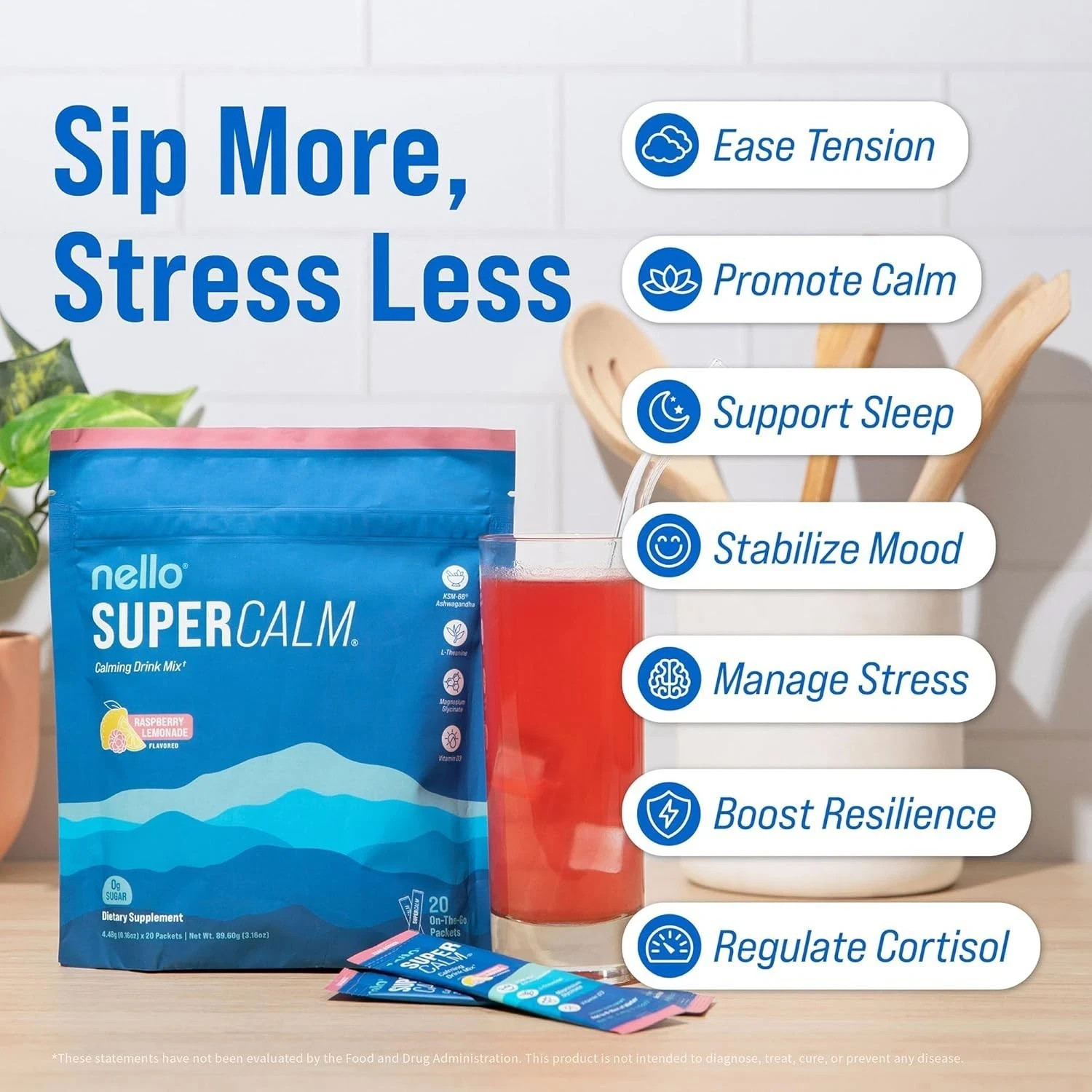 Nello Lemon Supercalm Powdered Drink Mix Cortisol Reducer Sleep Aid Supplement