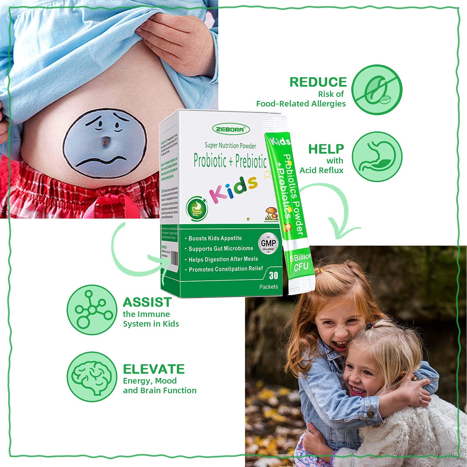 ZEBORA Kids Probiotic & Prebiotics Powder Age 3+ Support Children’s Digestive…