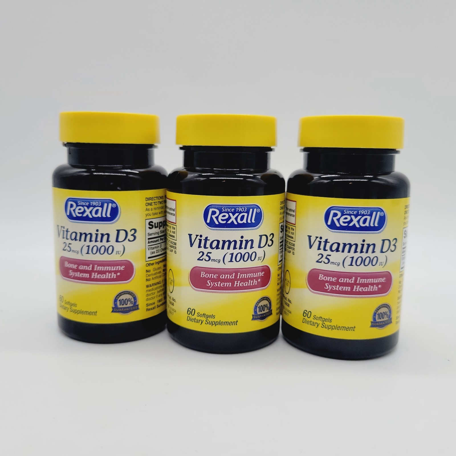 3x REXALL Vitamin D3 1000 IU 25mcg Immune System Bone Health 60ct Ea Exp 03/2029