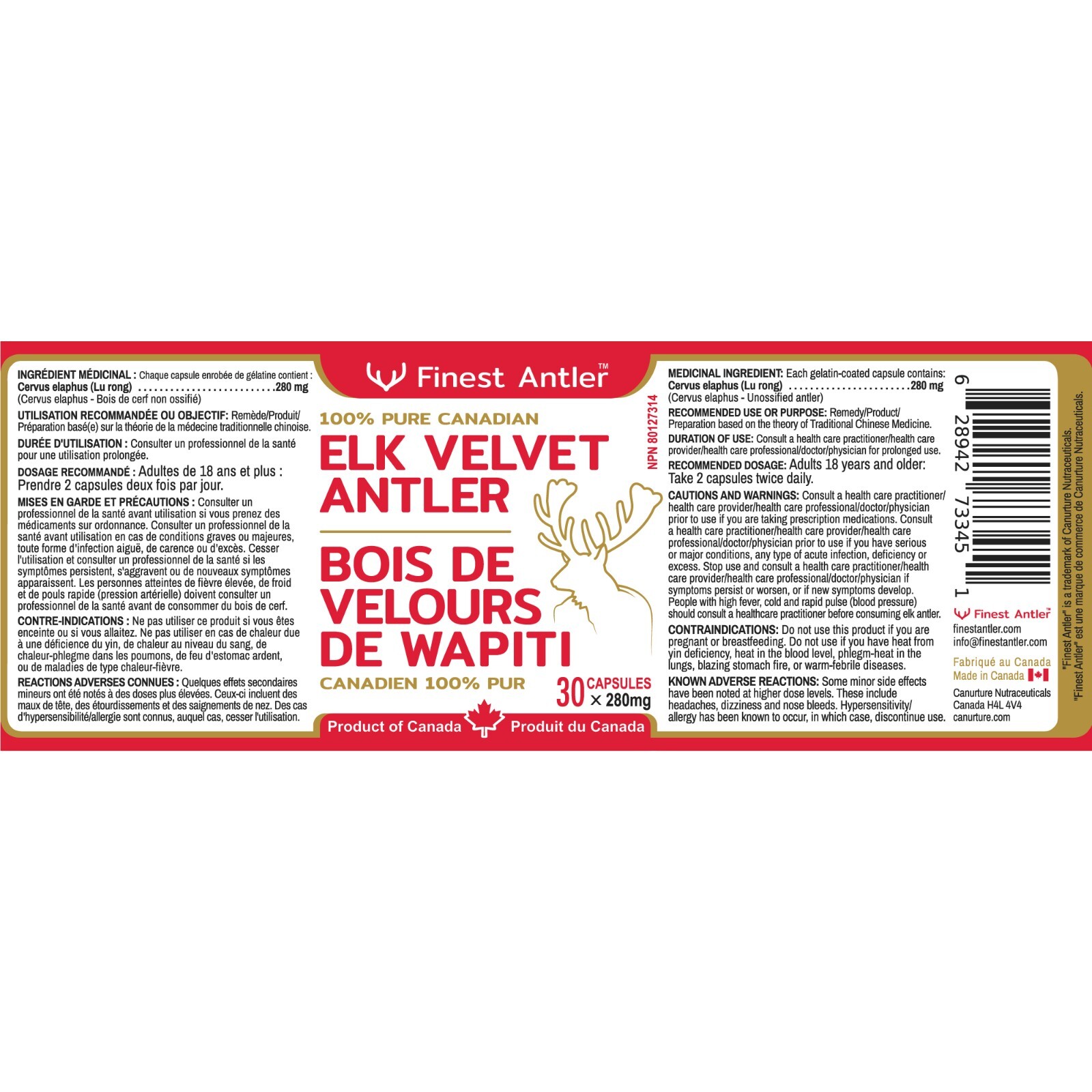 Elk Velvet Antler Capsules, 100% Pure, Made in Canada (30 caps, 280mg, 6-Pack)