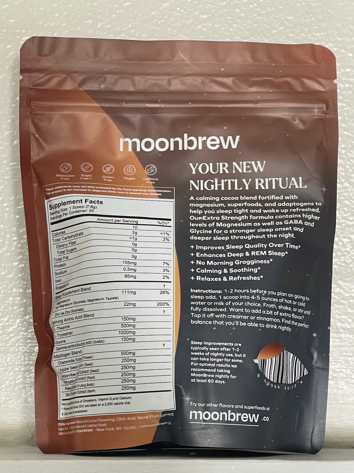 MOONBREW Nighttime Superfoods Hot Cocoa Xtra Strength Vegan 30 Servings 01/2027