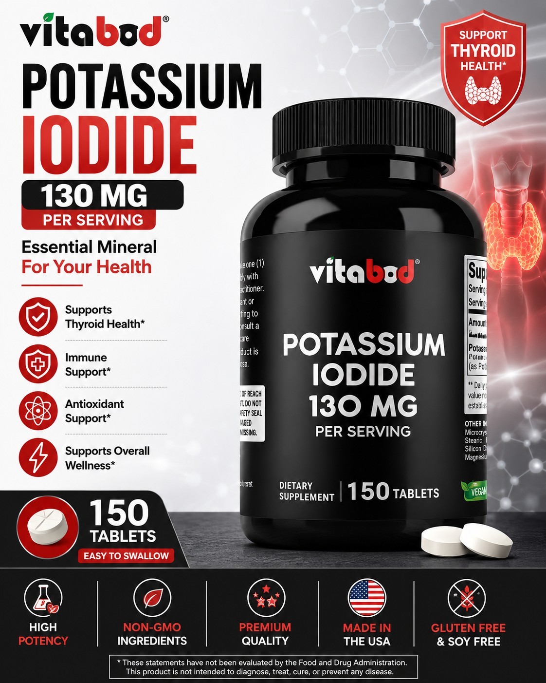 Potassium + Iodide Pills Tablets☆130 mg Supplement ☆ Survival Kit Fallout