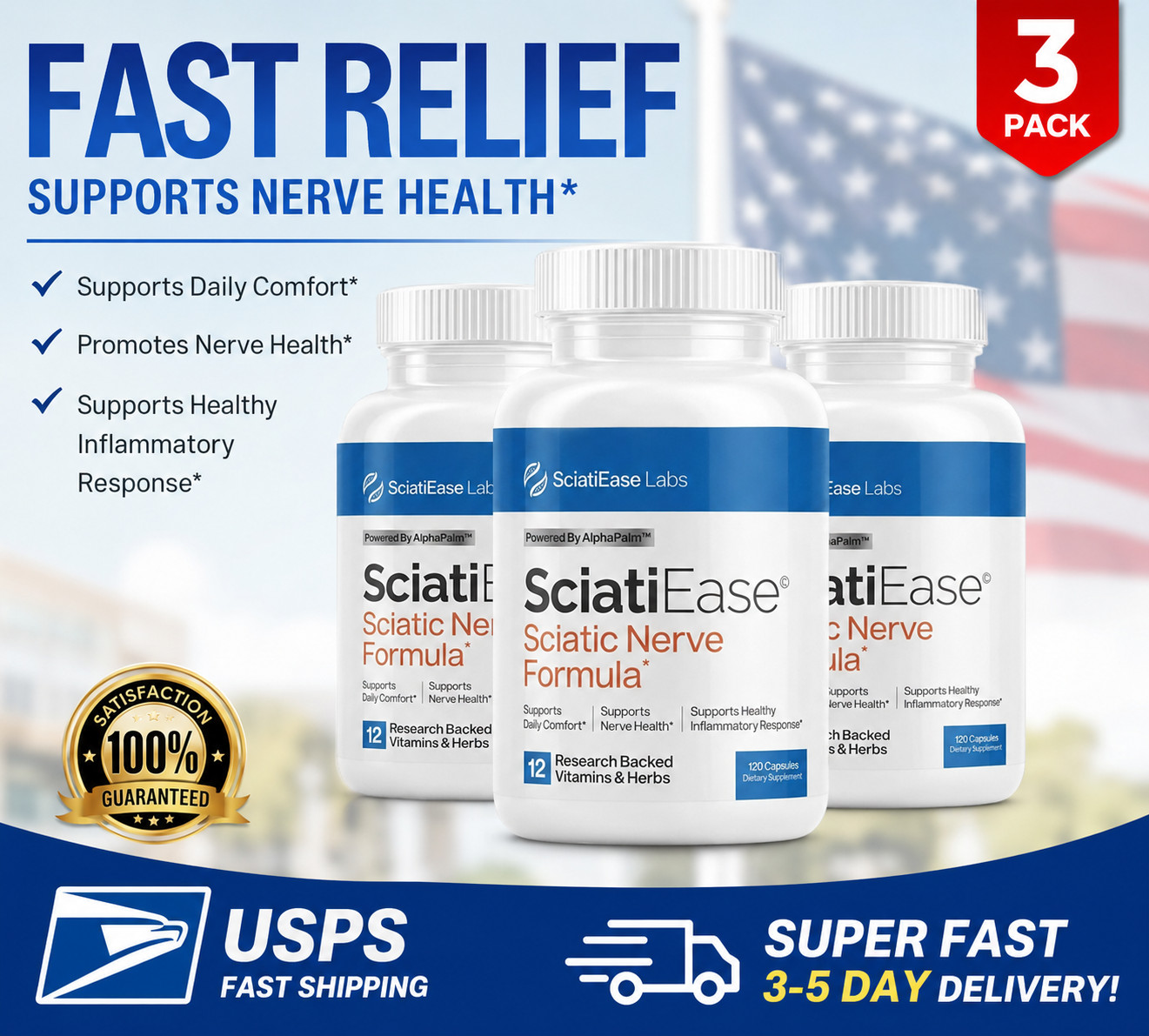 3 Pack SciatiEase Labs Sciatic Nerve Formula 120 Caps