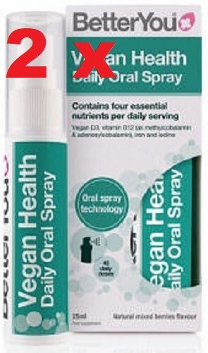 2 x BetterYou Vegan Daily Oral Spray 25ml – Vegan D3, Vitamin B12, Iron & Iodine