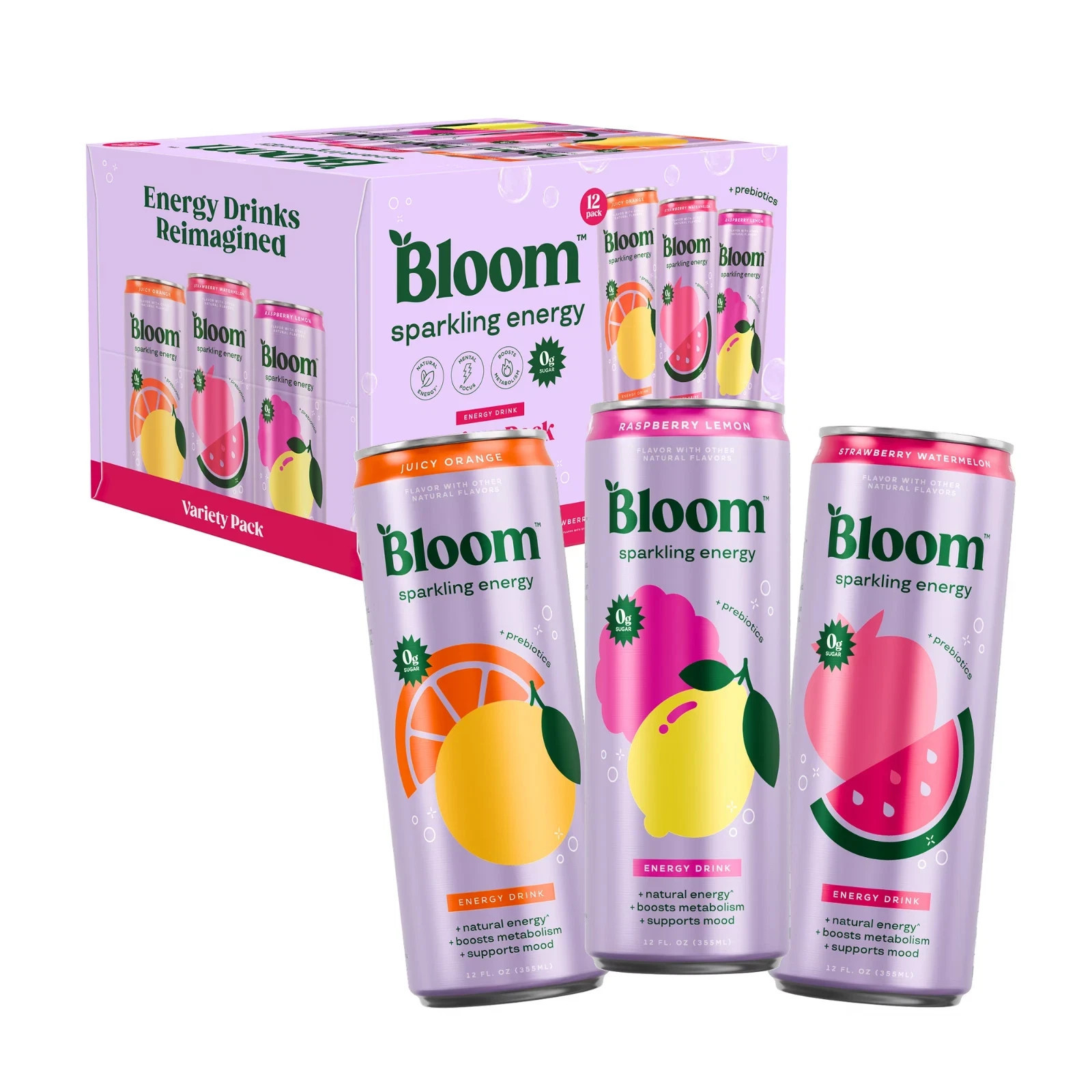 Bloom Nutrition Sparkling Energy Drink, Variety, 12 fl oz Cans, 12 Pack.