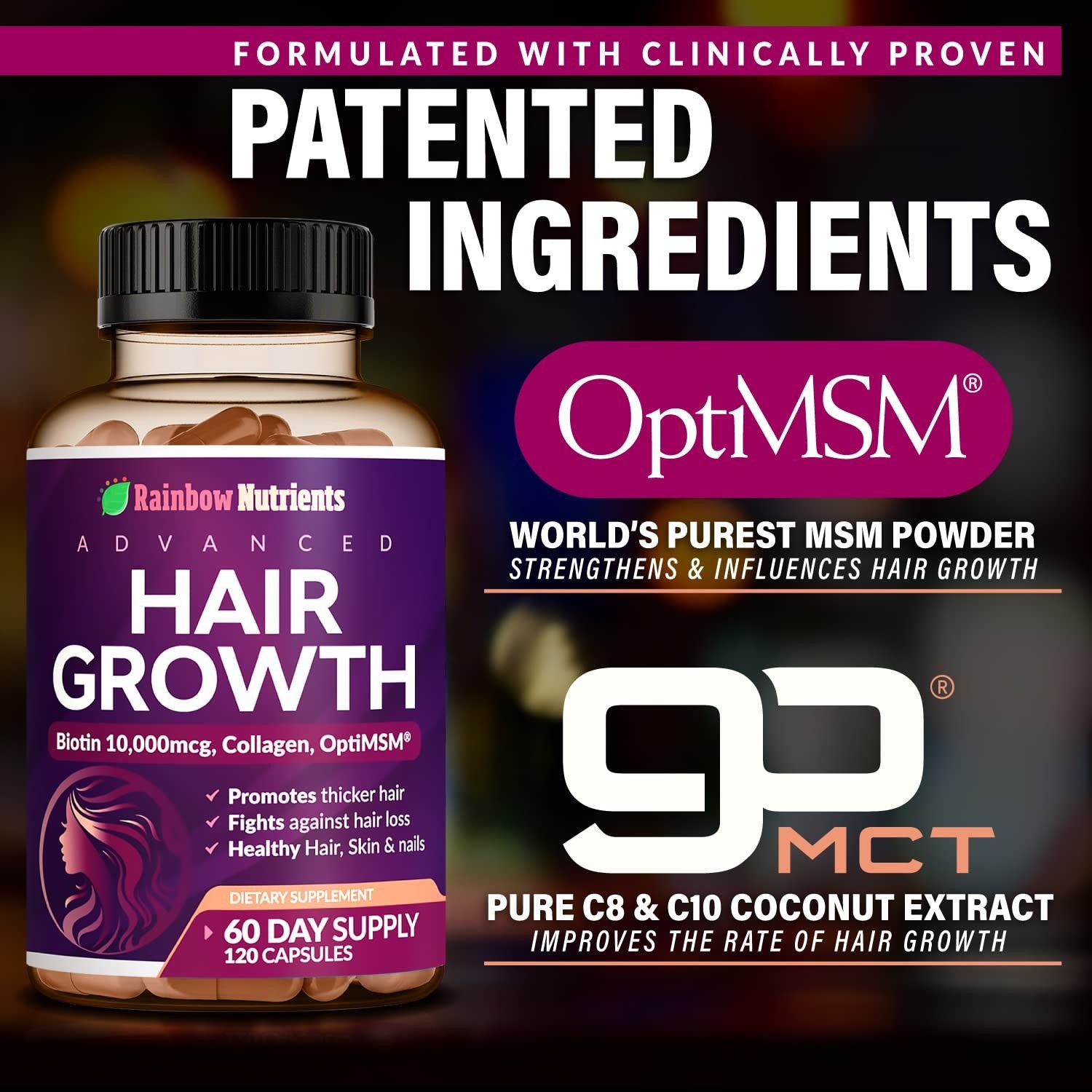 Rainbow Nutrients Hair Growth Vitamins for Women Biotin 10,000Mcg Collagen 120Ct