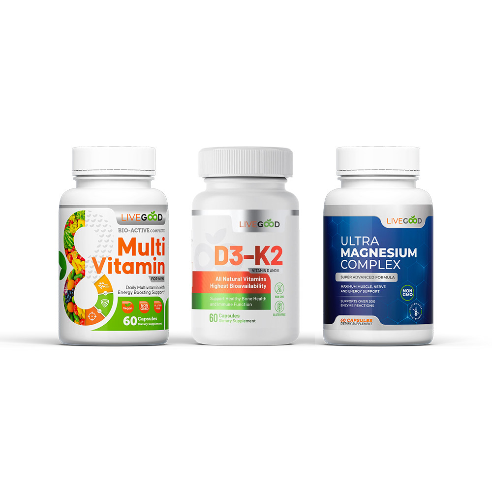 LiveGood Daily Essentials Men Bundle Multi-Vitamin D3-K2 Magnesium 3 Bottle Stac
