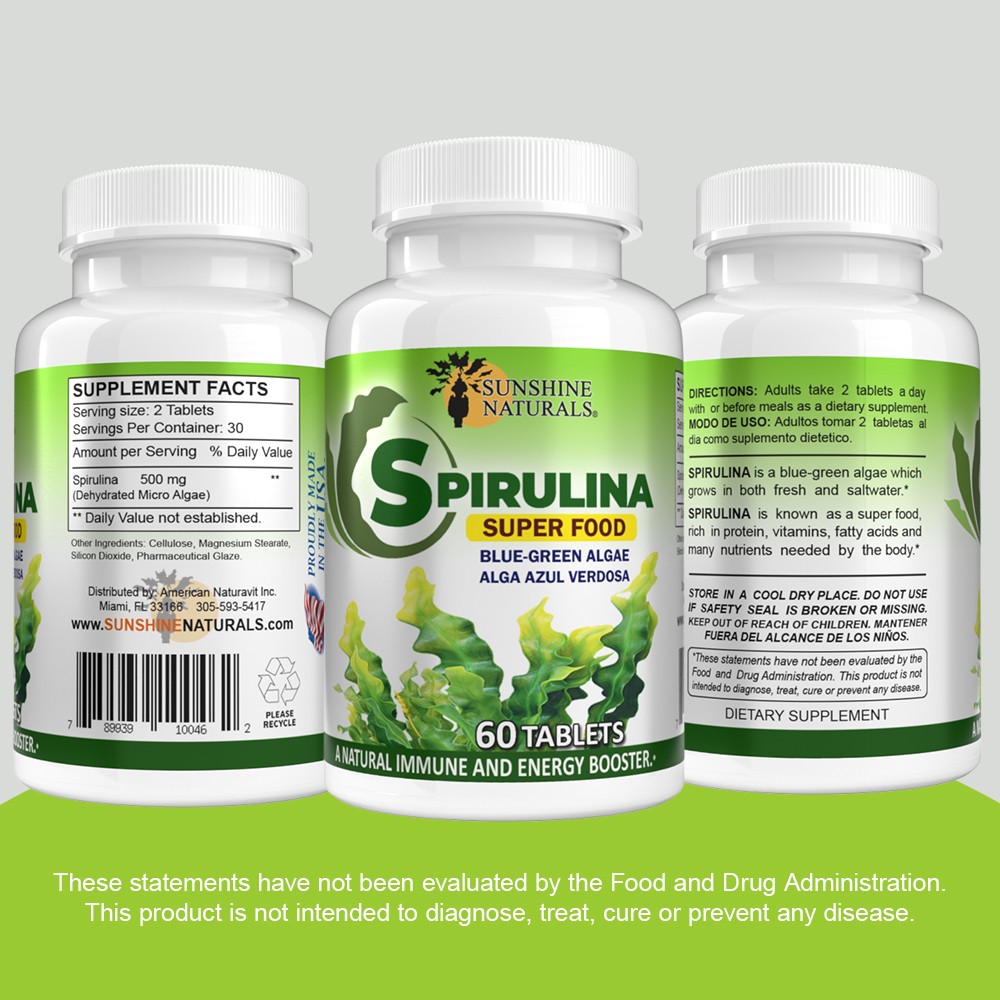 Sunshine Naturals Spirulina Superfood. Energy and Immune System Booster. 60 Tabs