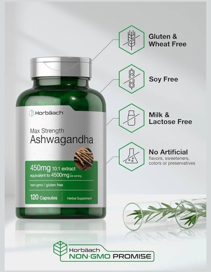 Horbäach Ashwagandha Supplement | Max Strength | 120 Capsules | Non-GMO, Gluten