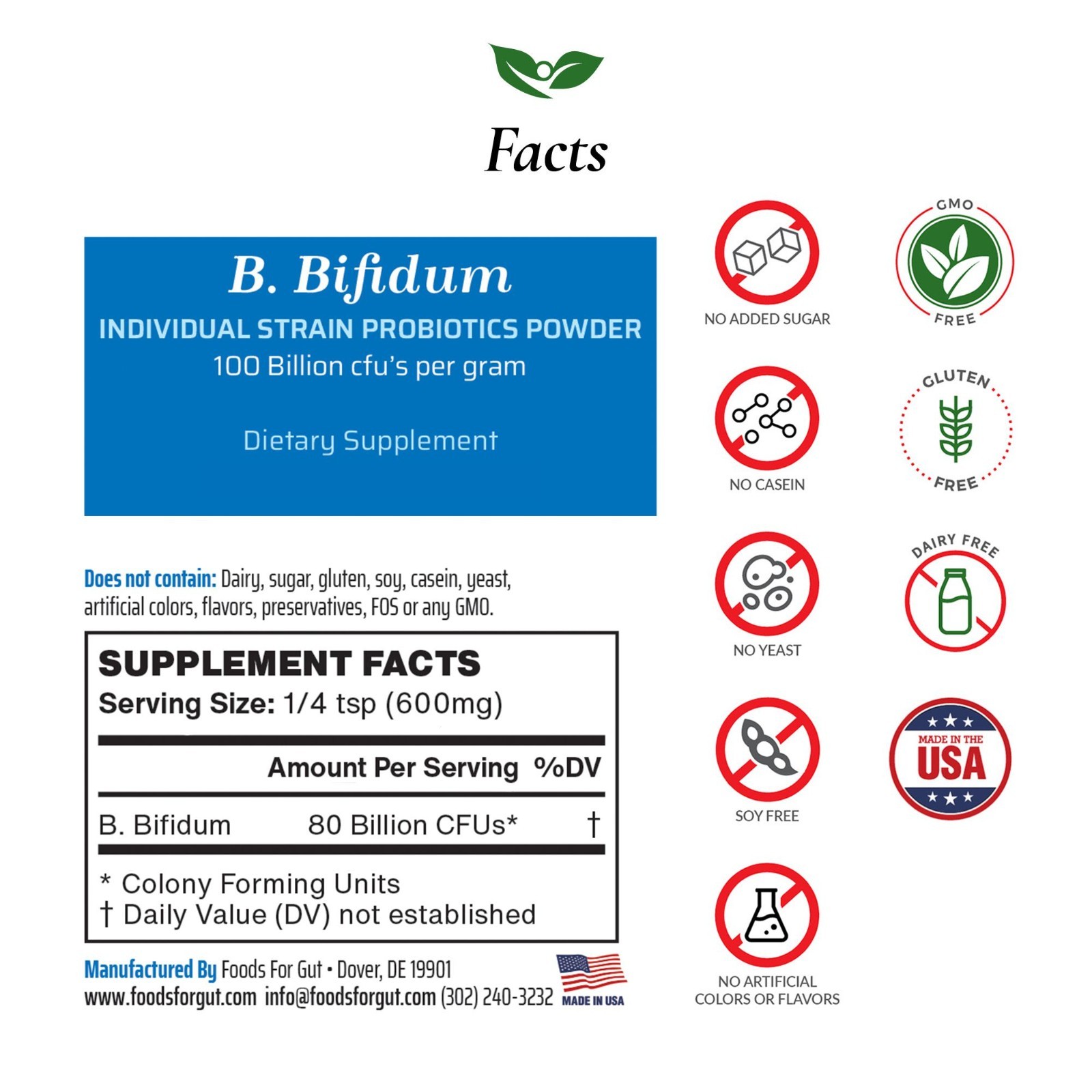Bifidobacterium Bifidum Probiotic Powder 100B CFU | Made in USA | No Additives