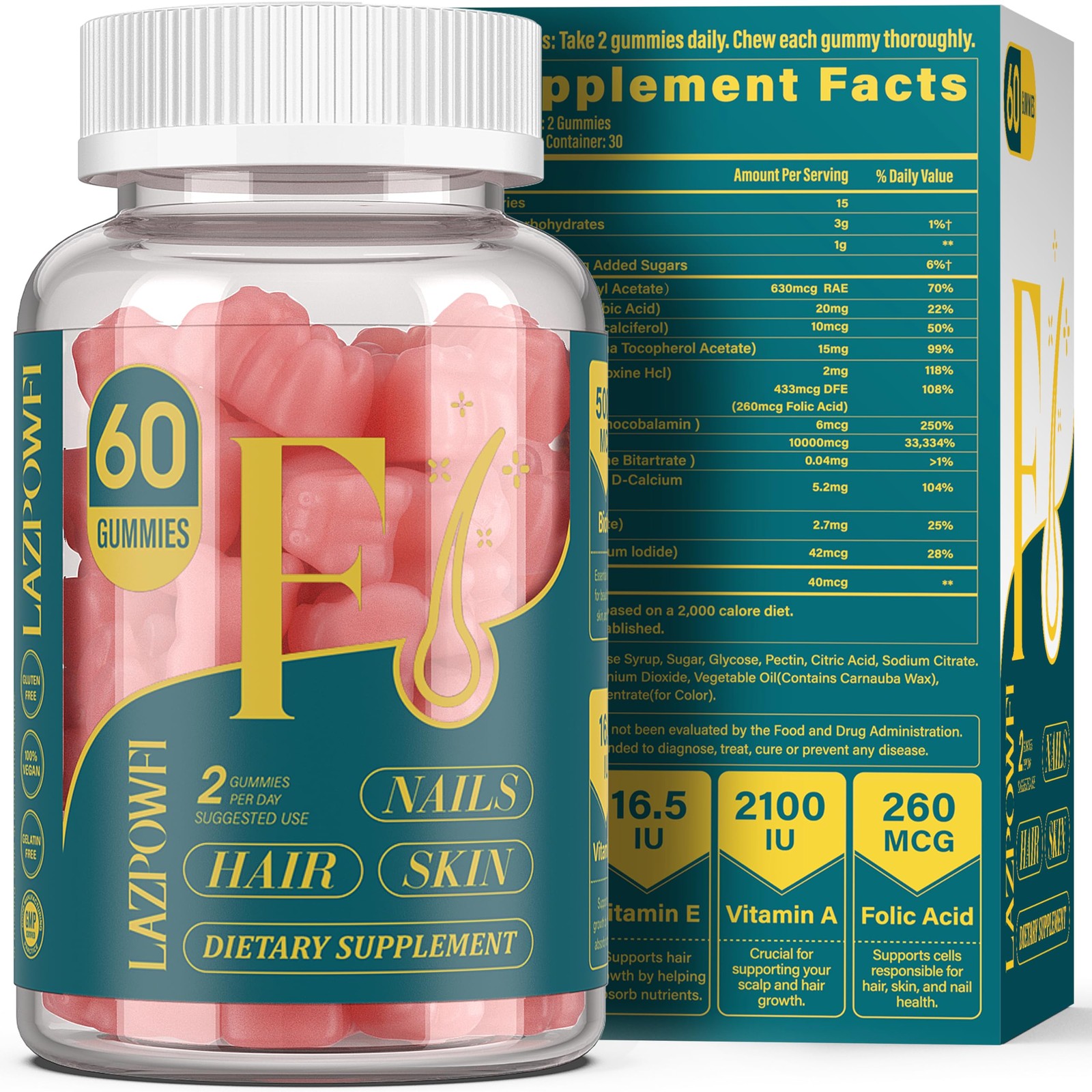 Lazpowfi Biotin Gummies -Hair Skin and Nails 1 Count (Pack of 60), Pink