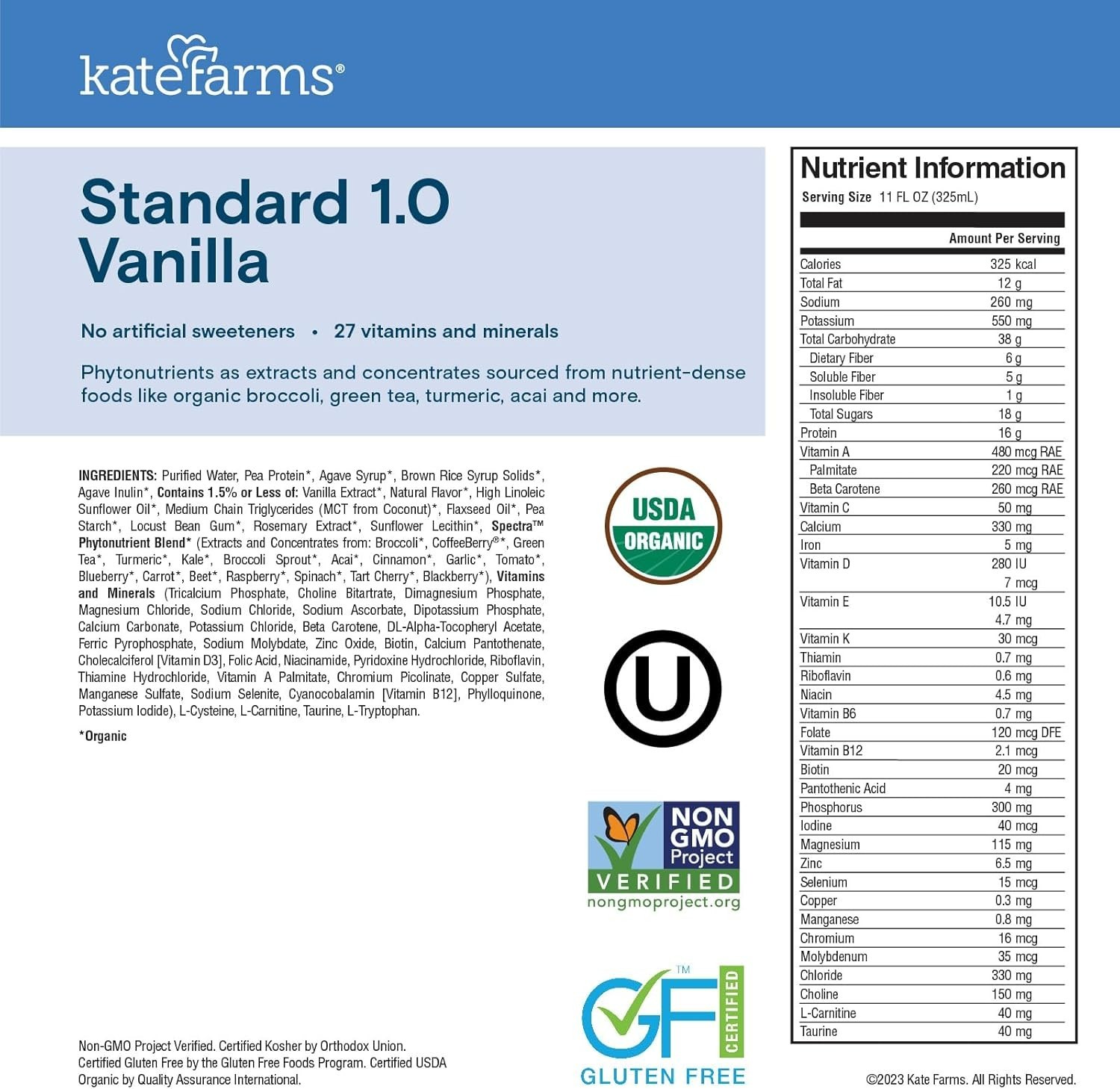 1 Case (12pk) Kate Farms Standard 1.0 Vanilla 11oz 12pk Case EXP May 2027