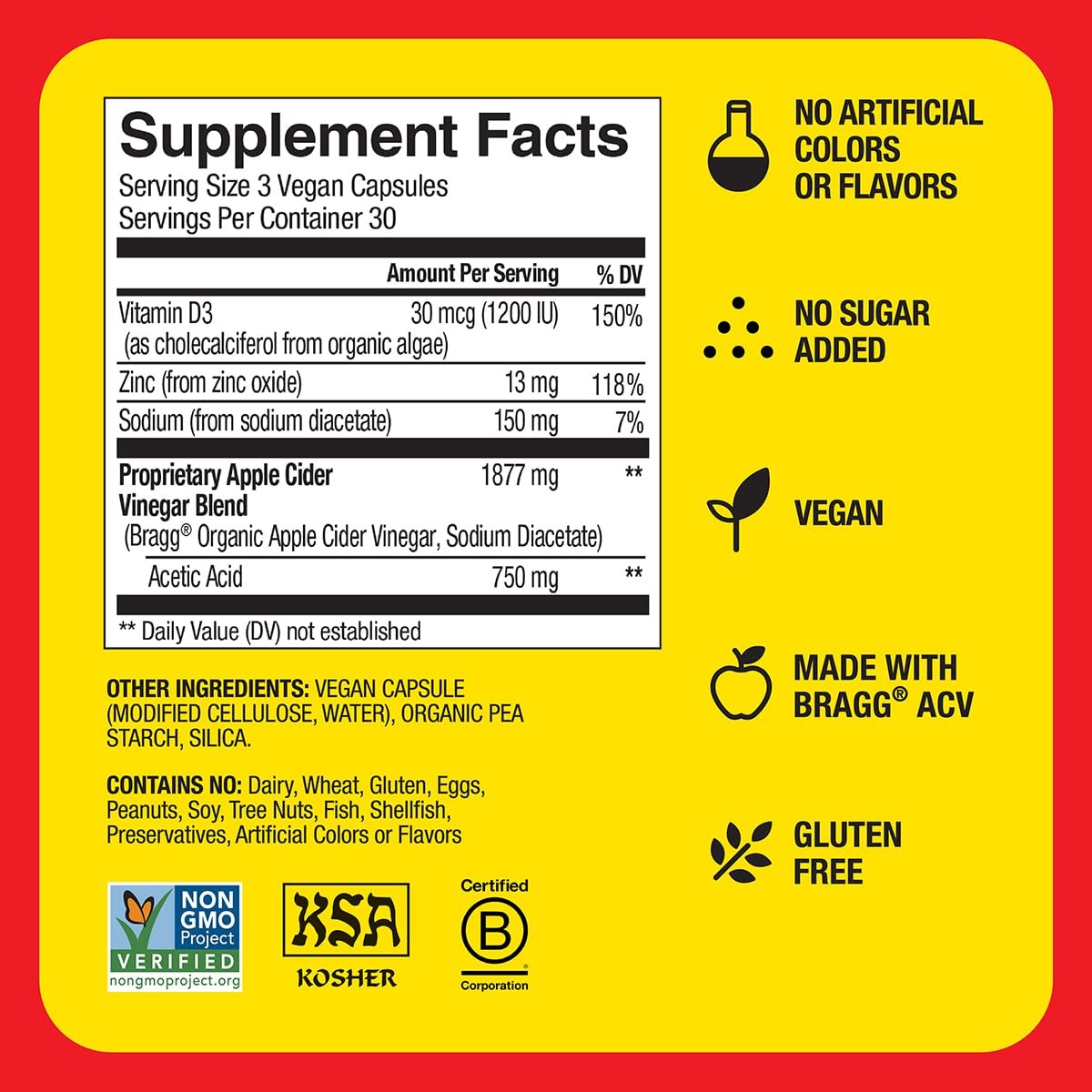 Bragg Apple Cider Vinegar Capsules Vitamin D And Zinc – 90 Capsules – Supports