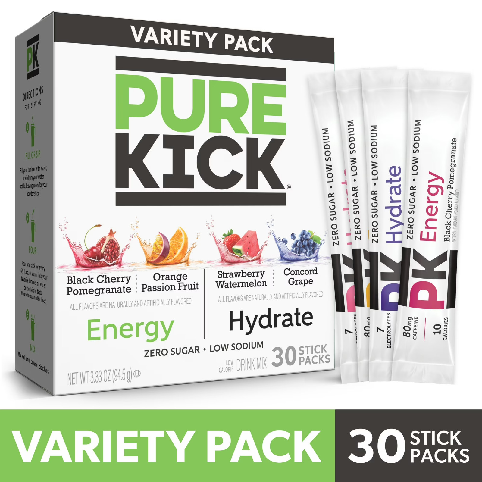 Pure Kick Energy & Hydration Electrolyte Powdered Drink Mix Variety Pack 30 Ct..