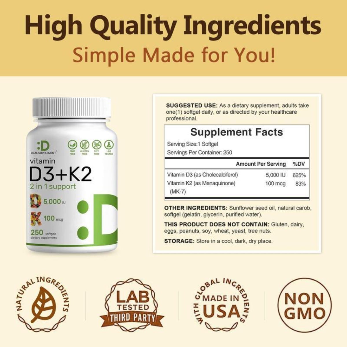 D3 K2 MK7 250 Veggie Softgels 5000IU 100mcg Gluten-Free Formula